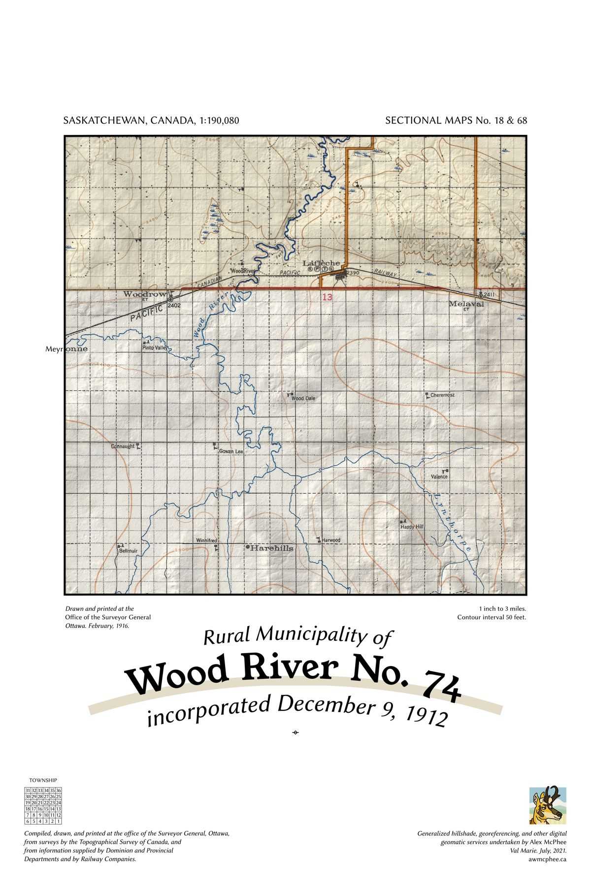A map of the Rural Municipality of Wood River No. 74.