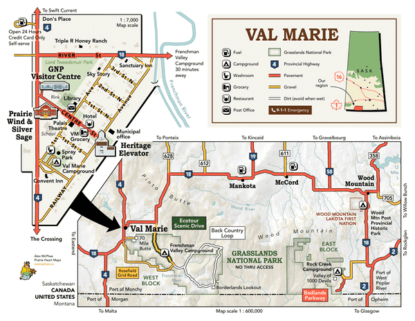 A tourist orientation map of Val Marie and Grasslands National Park.