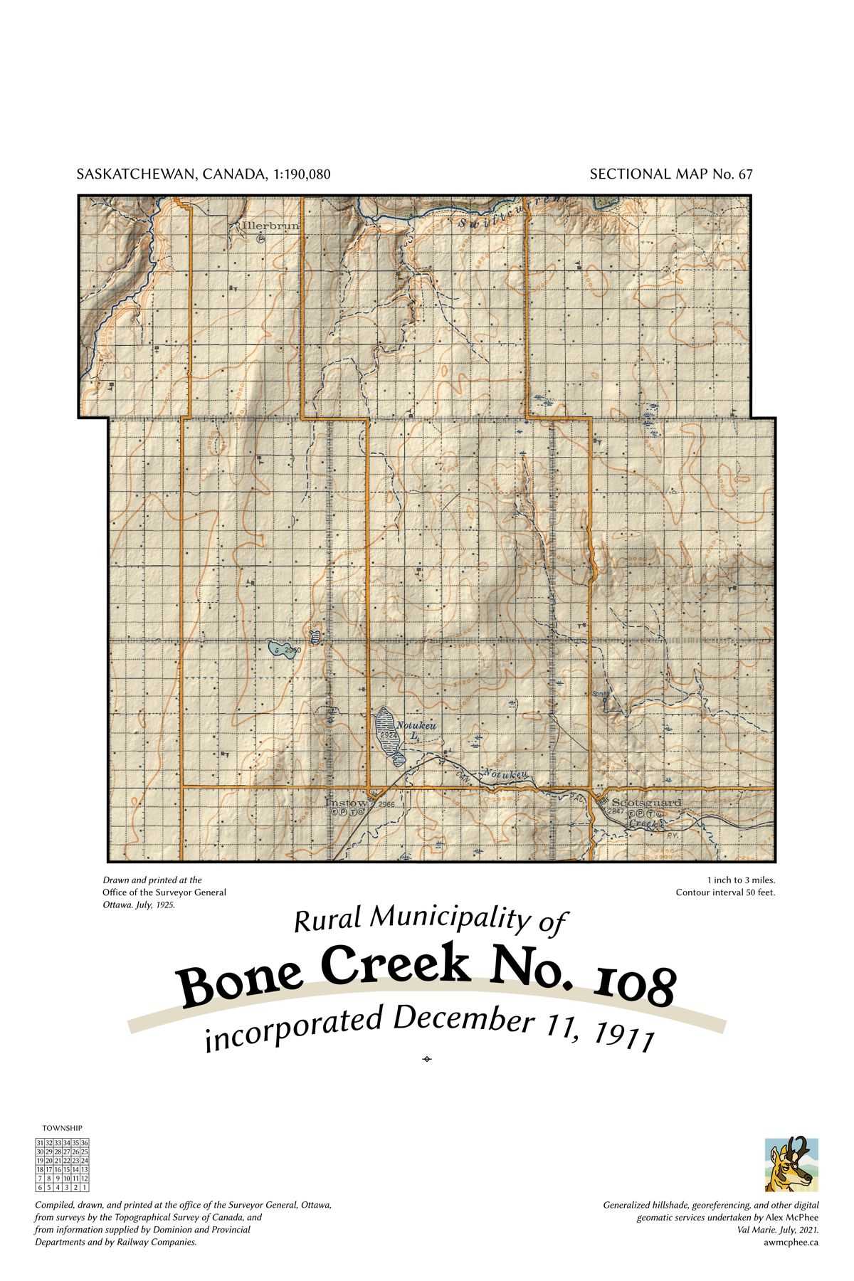 A map of the Rural Municipality of Bone Creek No. 108.