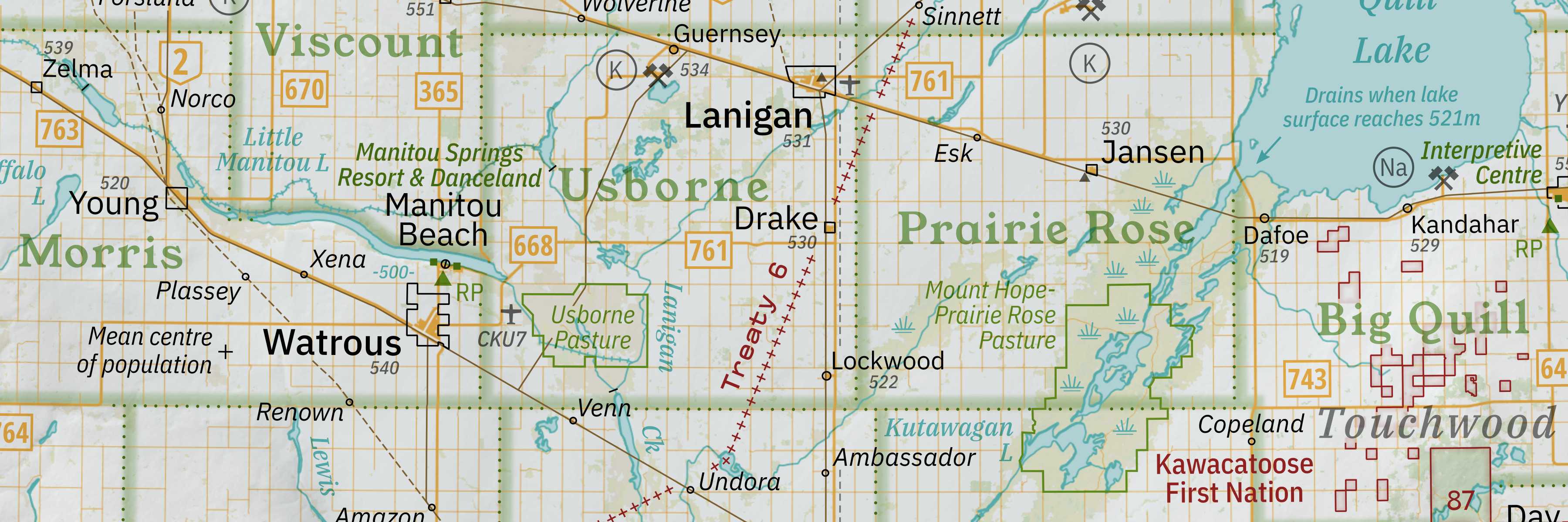 An excerpt of the wall map showing Watrous and the Quill Lakes.