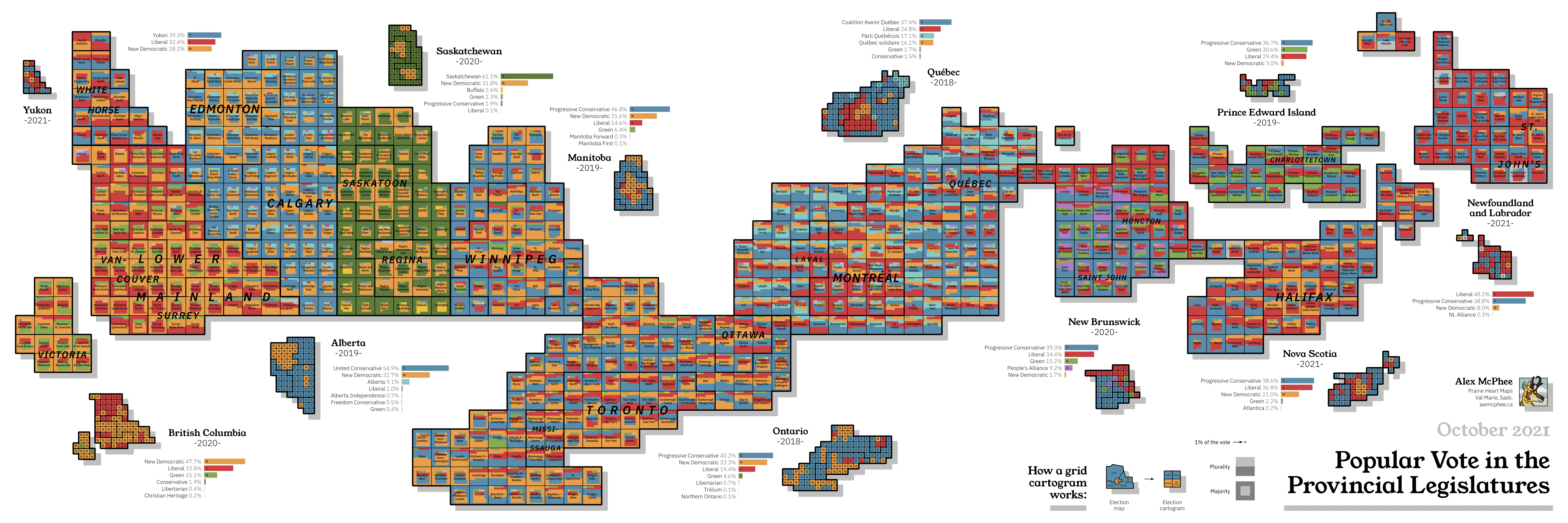 A grid cartogram depicting the popular vote in every Canadian provincial legislature.