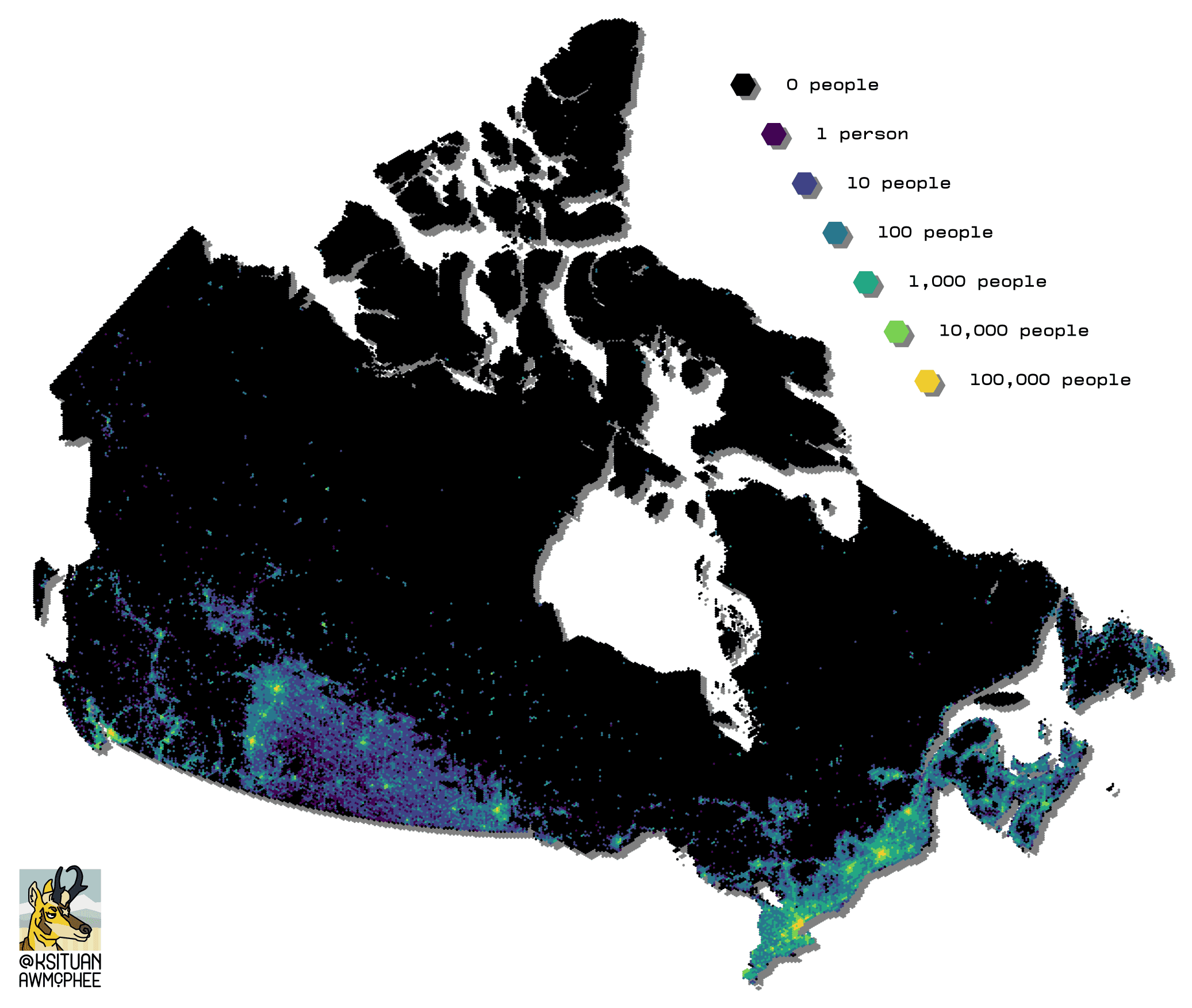 A hexagonally binned population map of Canada.