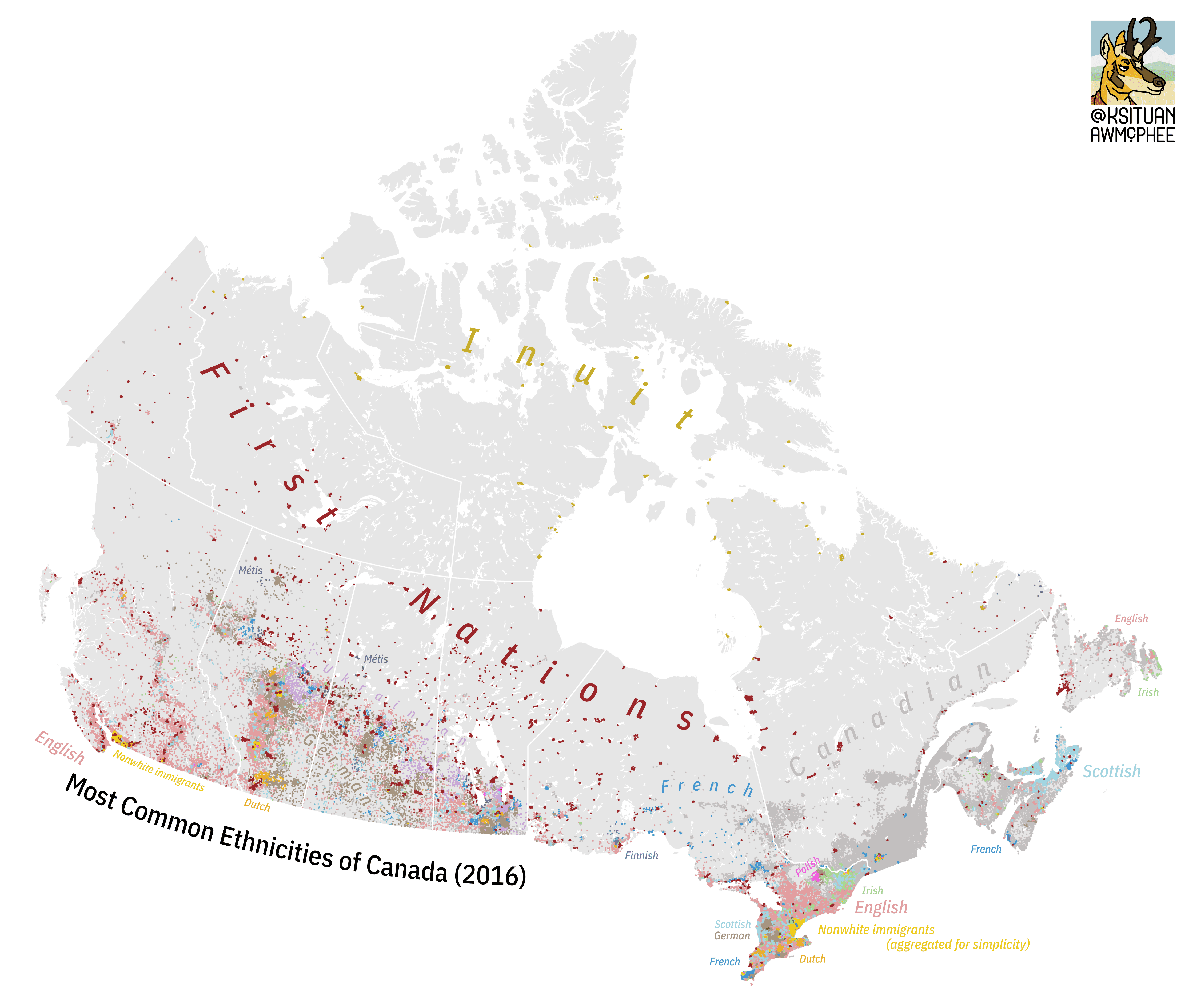 A dot density map of the most common ethnicities reported in Canada.