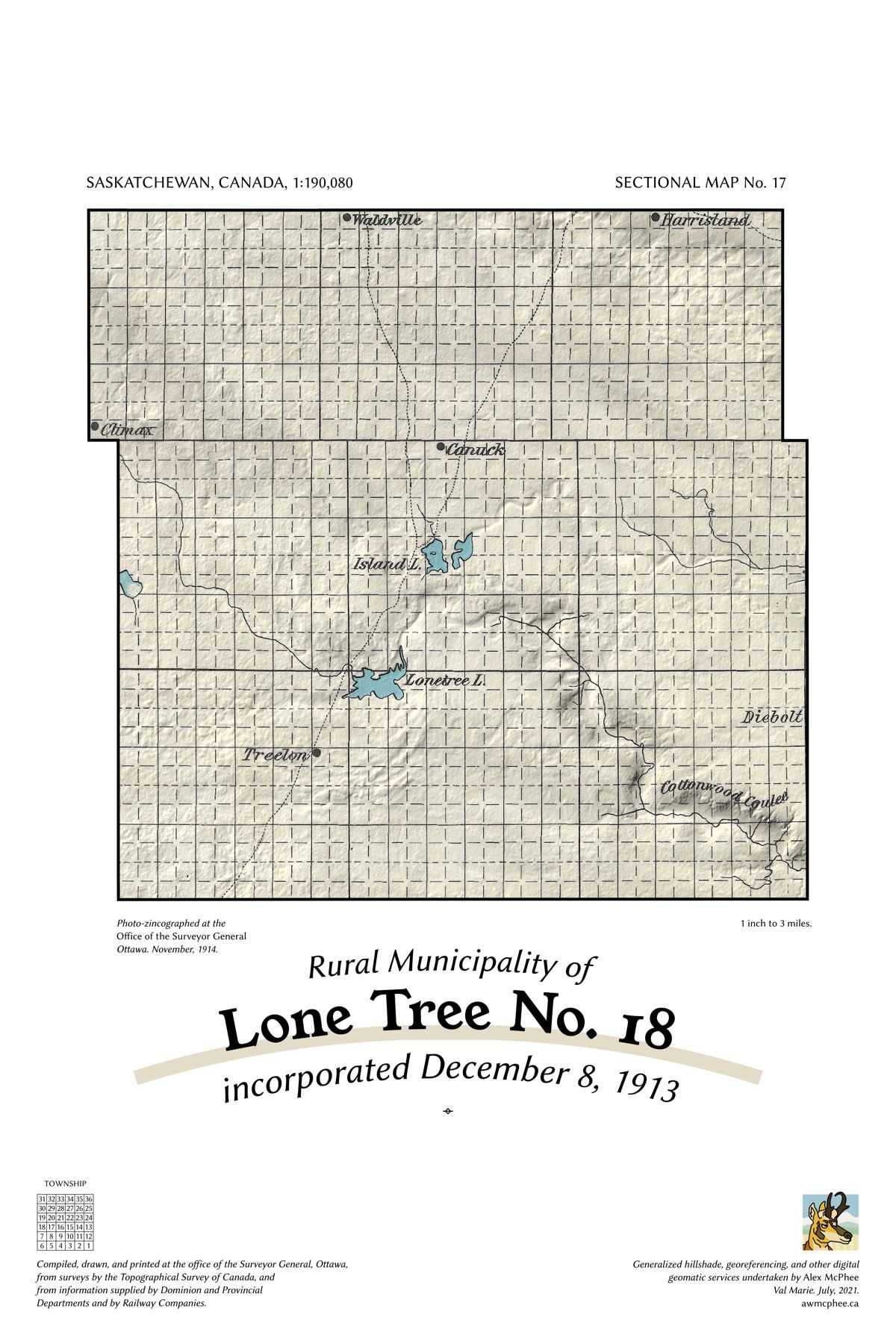A map of the Rural Municipality of Lone Tree No. 18.