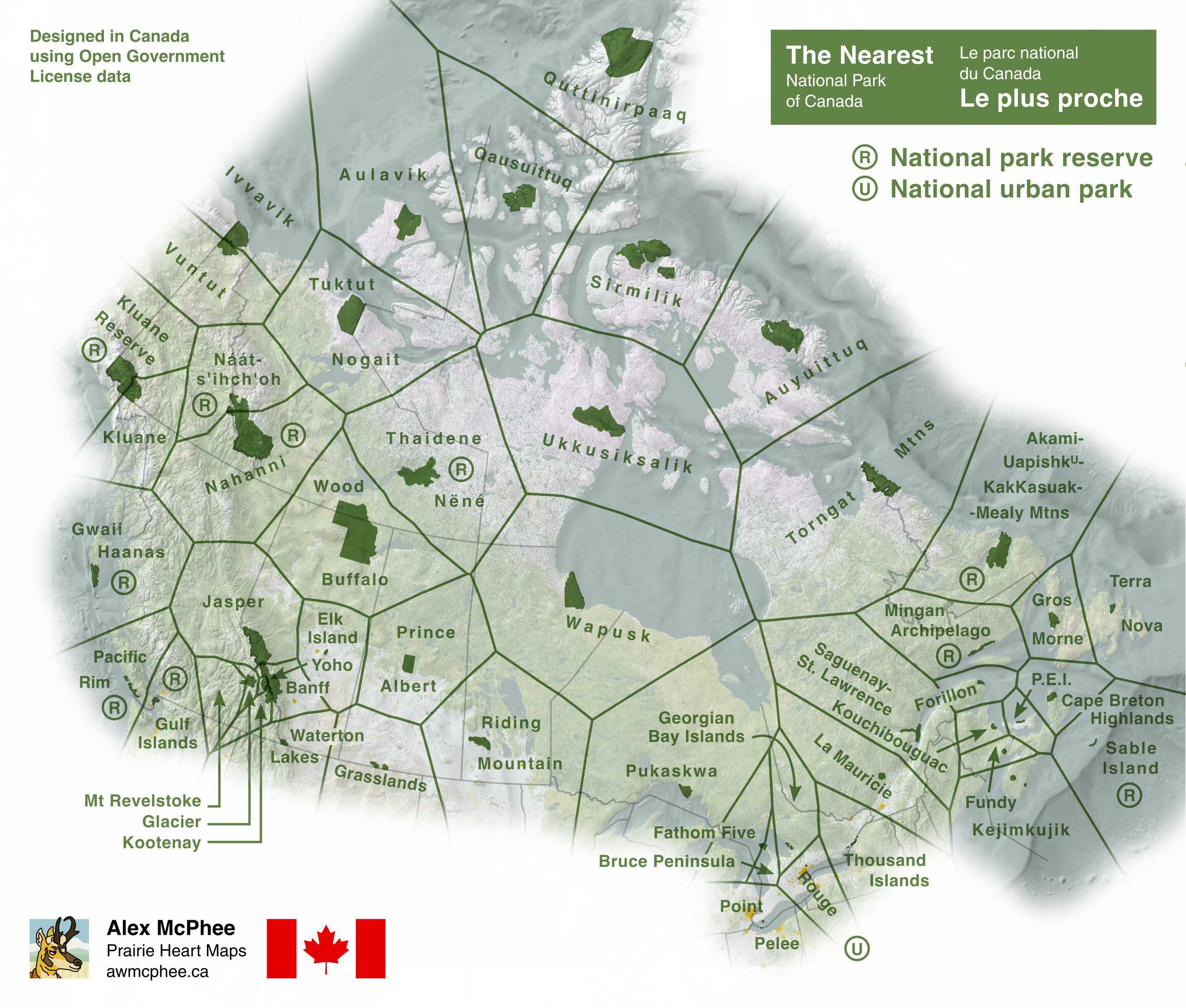 A map of the nearest National Park of Canada to any point in the country.