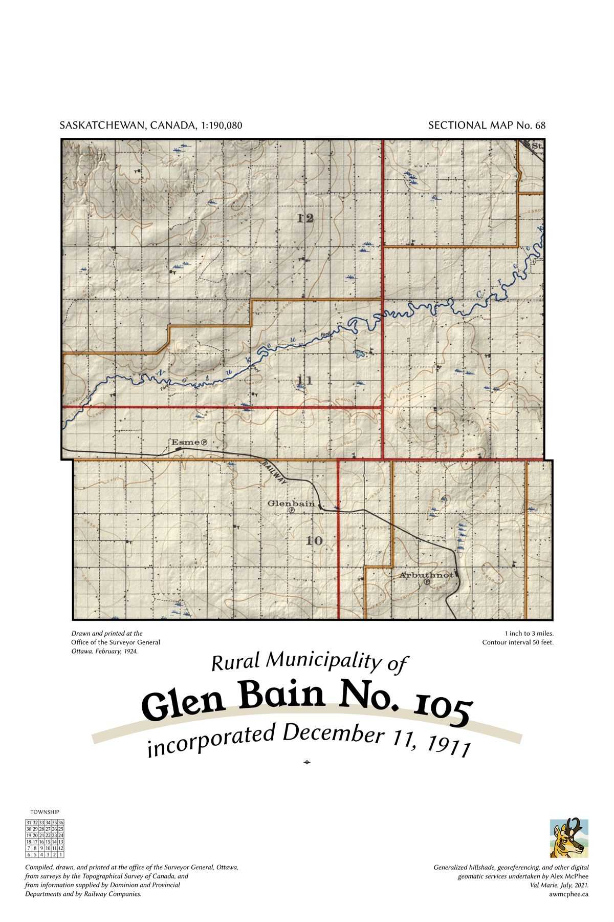 A map of the Rural Municipality of Glen Bain No. 105.