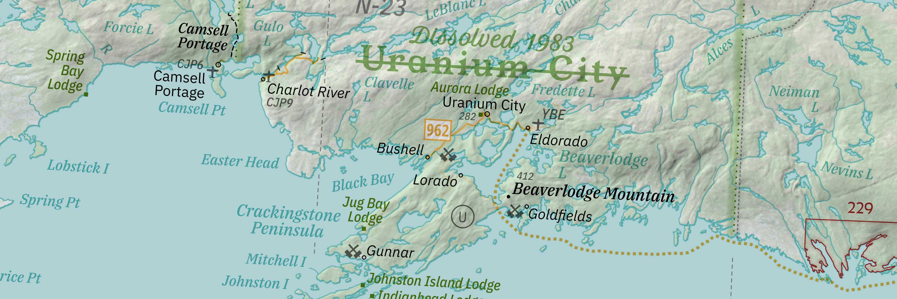 An excerpt of the wall map showing Uranium City and its surrounding mines.