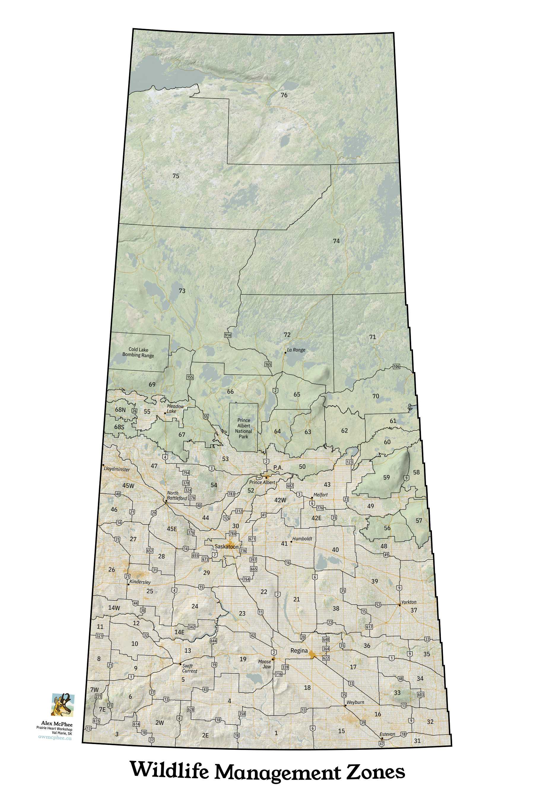 A map of Wildlife Management Zones in Saskatchewan.