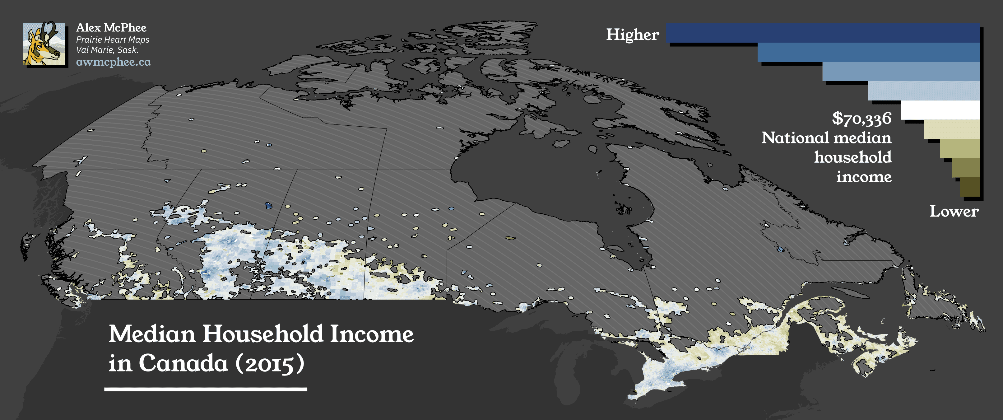 A map showing median household income in Canada.