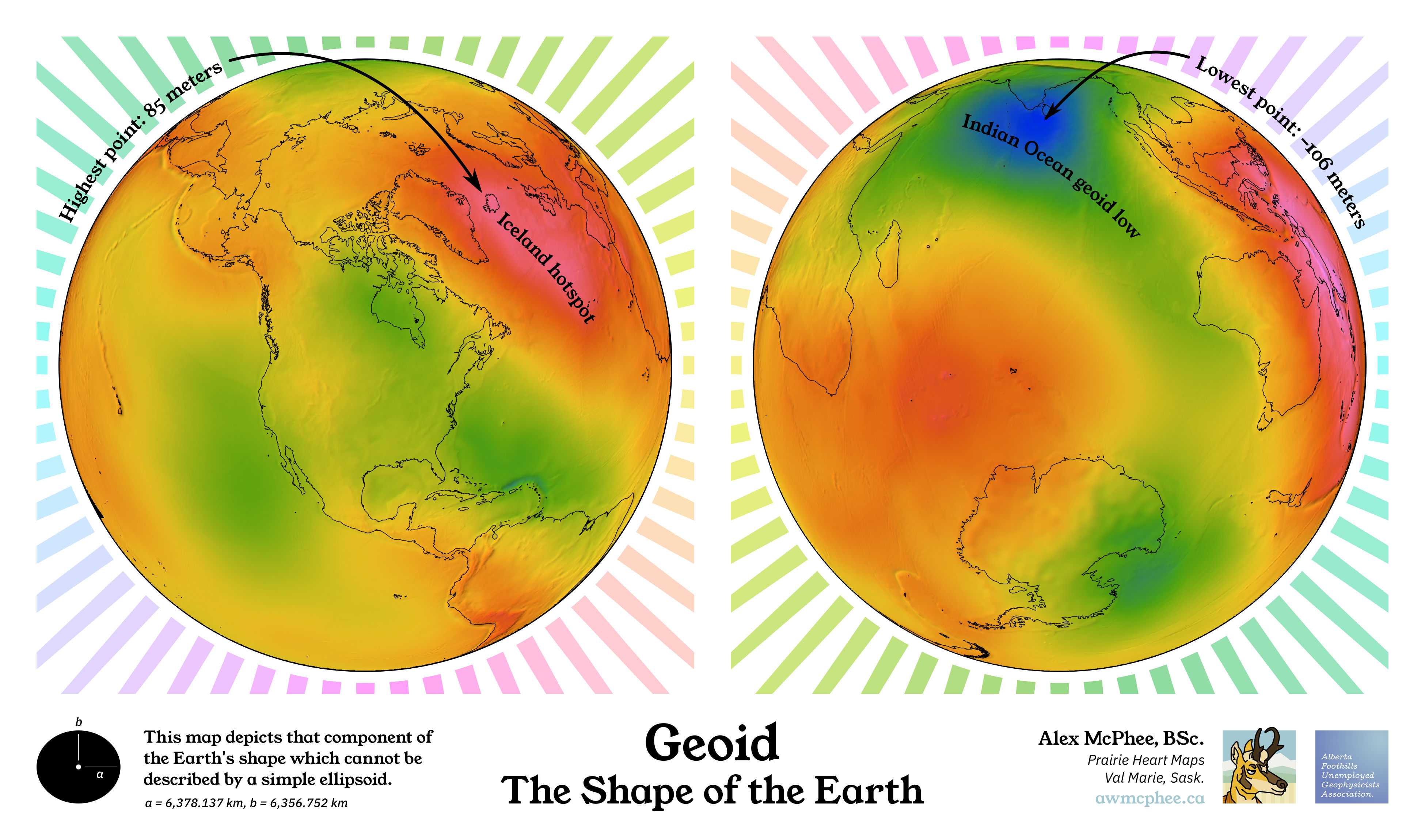 A map showing the elevation differences of the geoid, which is the shape of the Earth if it were all covered by water.