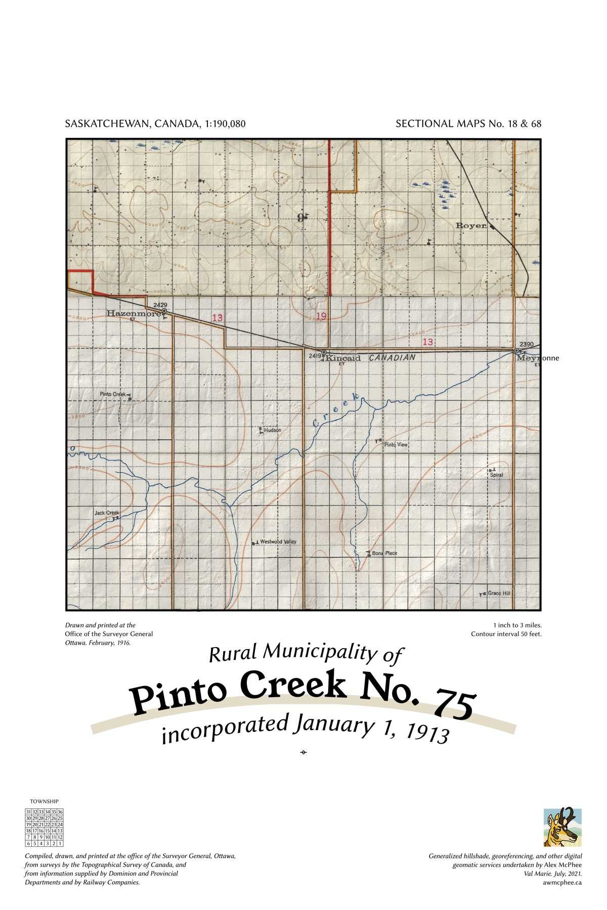 A map of the Rural Municipality of Pinto Creek No. 75.