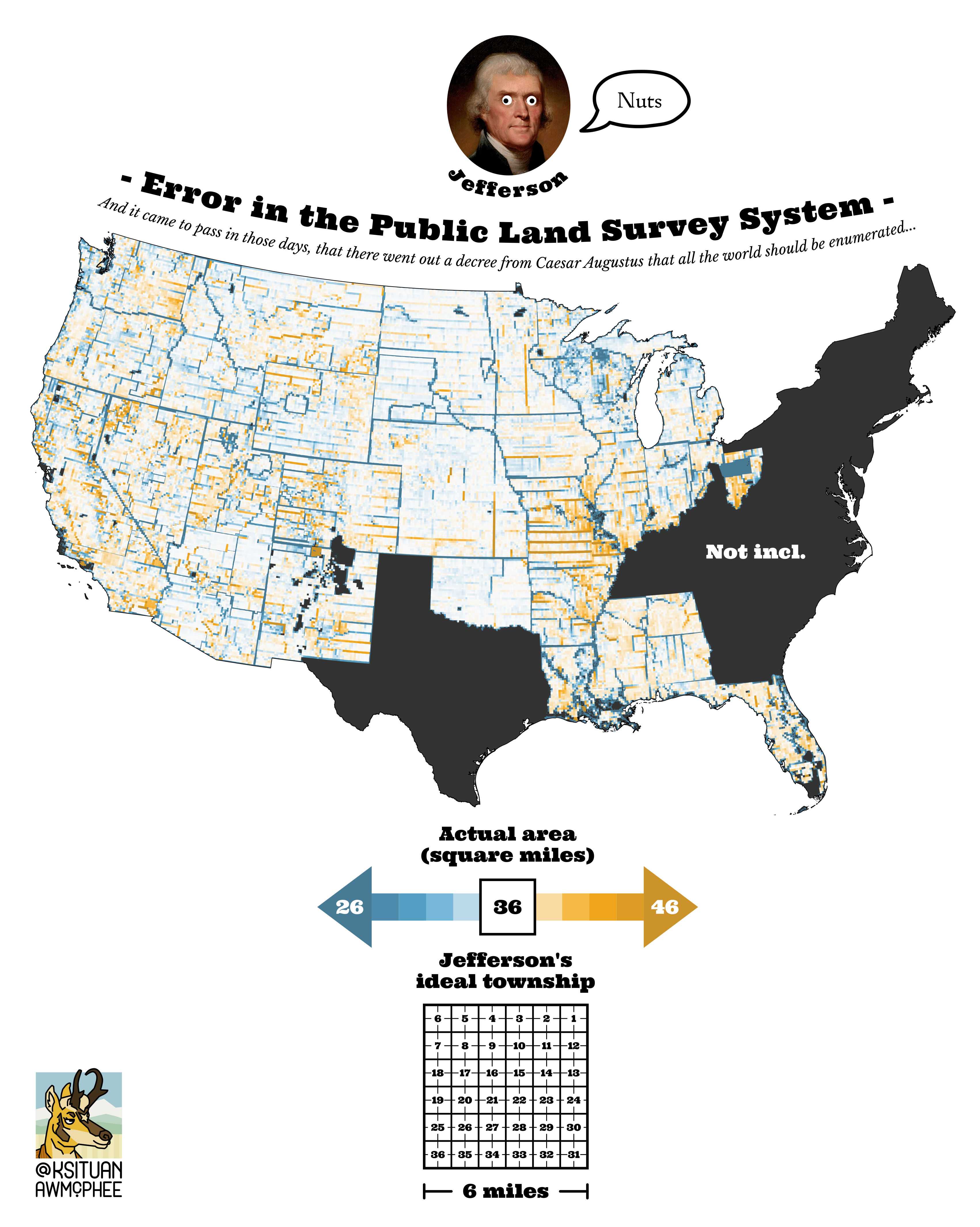 A statistical map of the measurement error in the United States Public Land Survey System.