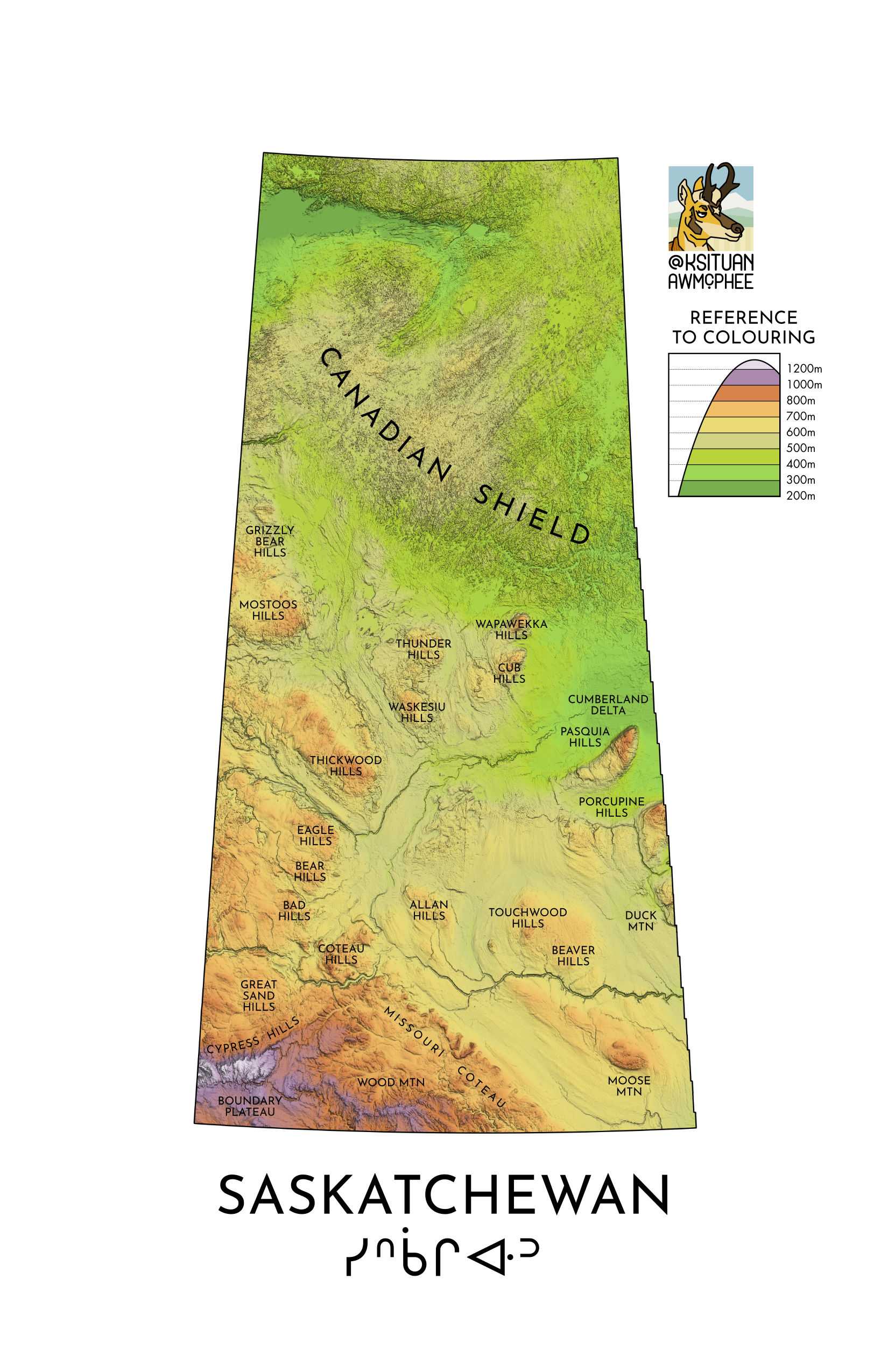 A map of landforms and elevation in Saskatchewan.