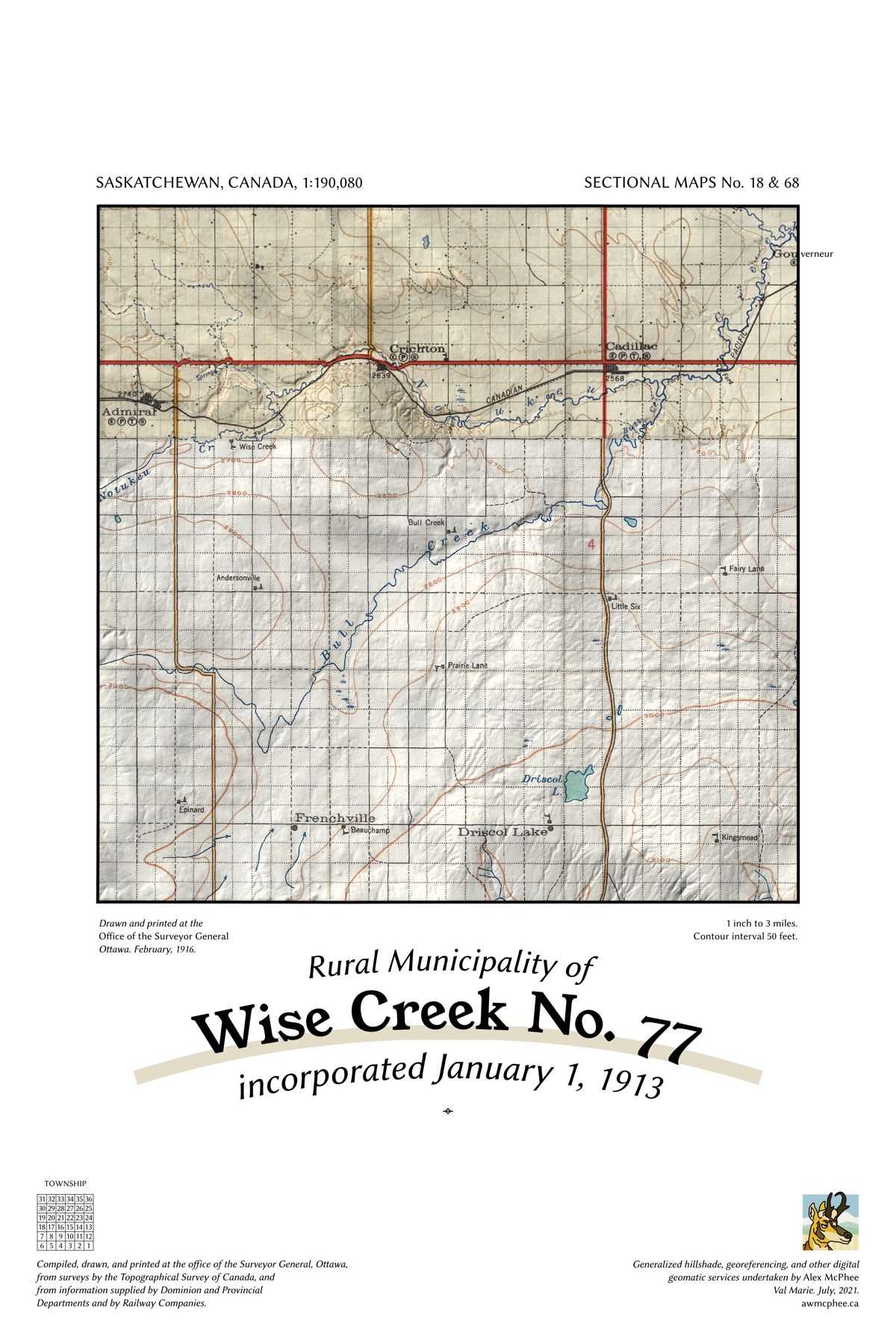 A map of the Rural Municipality of Wise Creek No. 77.