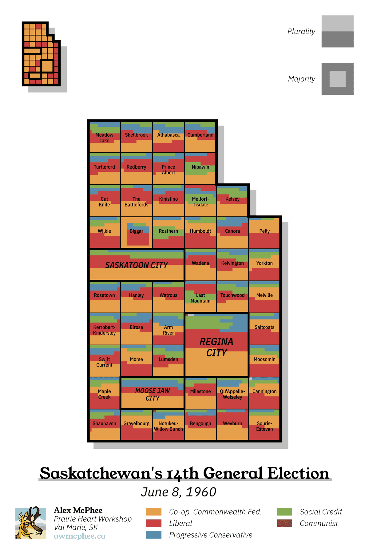A grid cartogram depicting the results of Saskatchewan's 1960 provincial election.