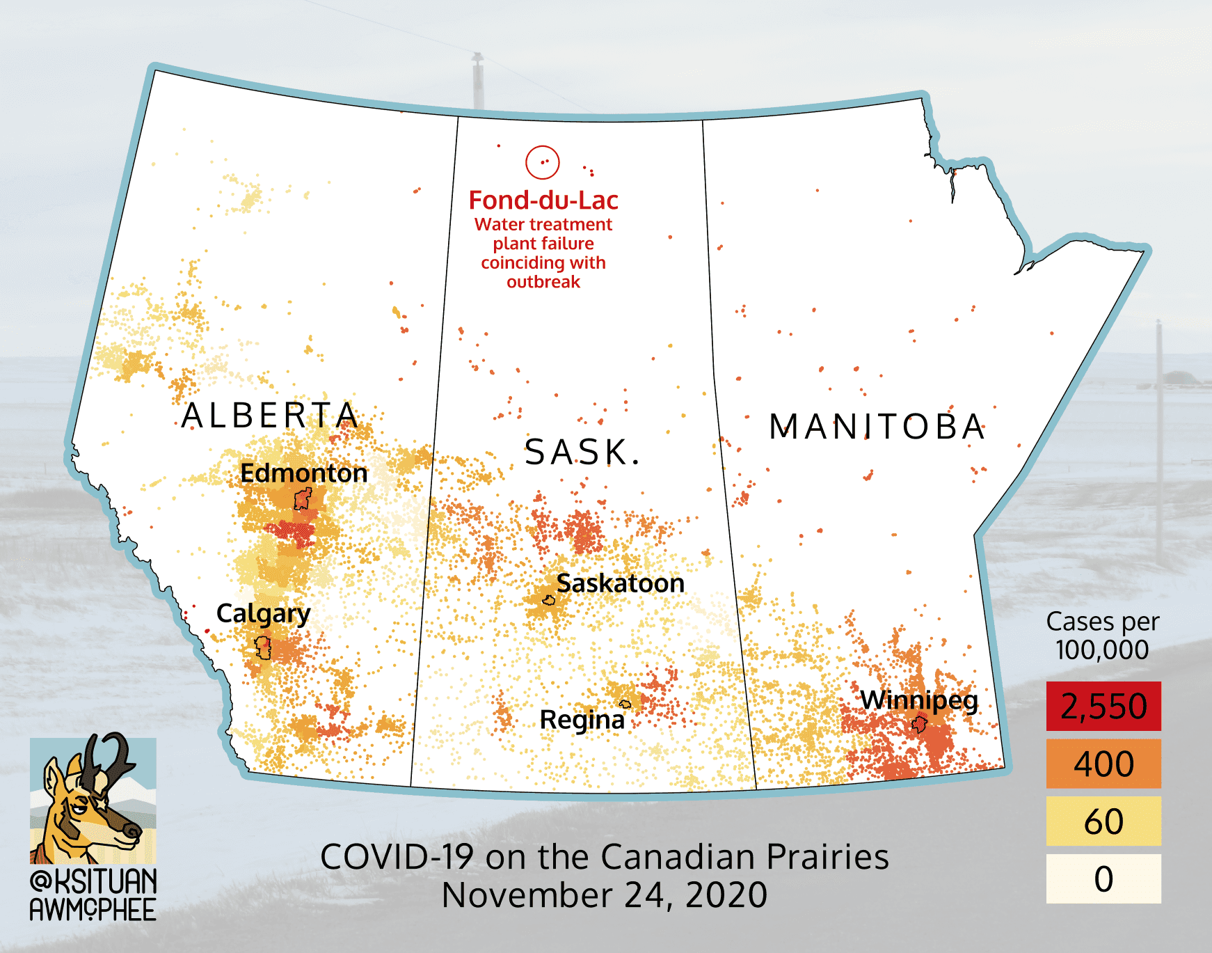A map of covid rates in Western Canada, November 24, 2020.