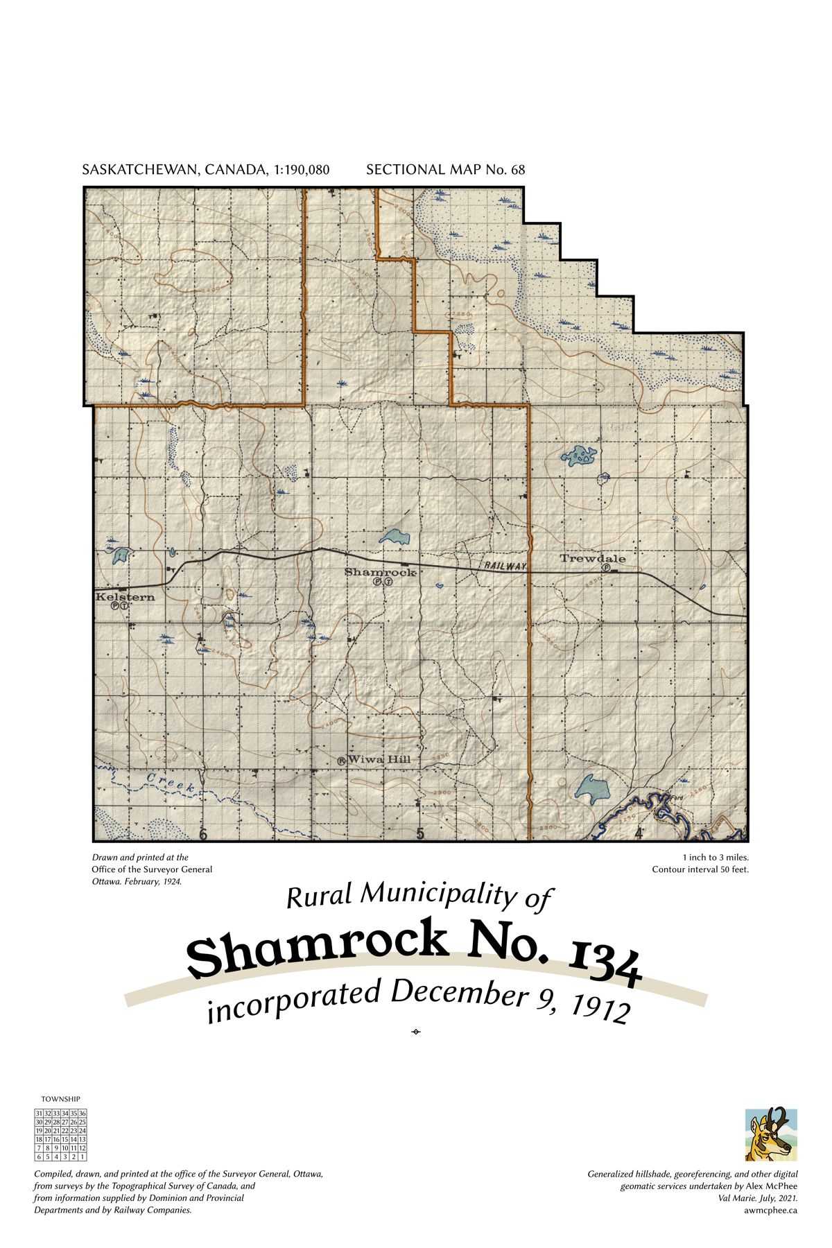 A map of the Rural Municipality of Shamrock No. 134.