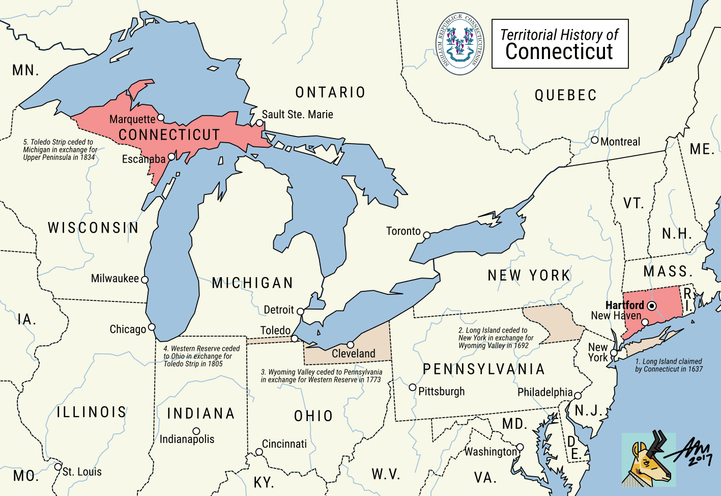 A fictional map of Connecticut's non-existent territorial claims in the Upper Midwest.