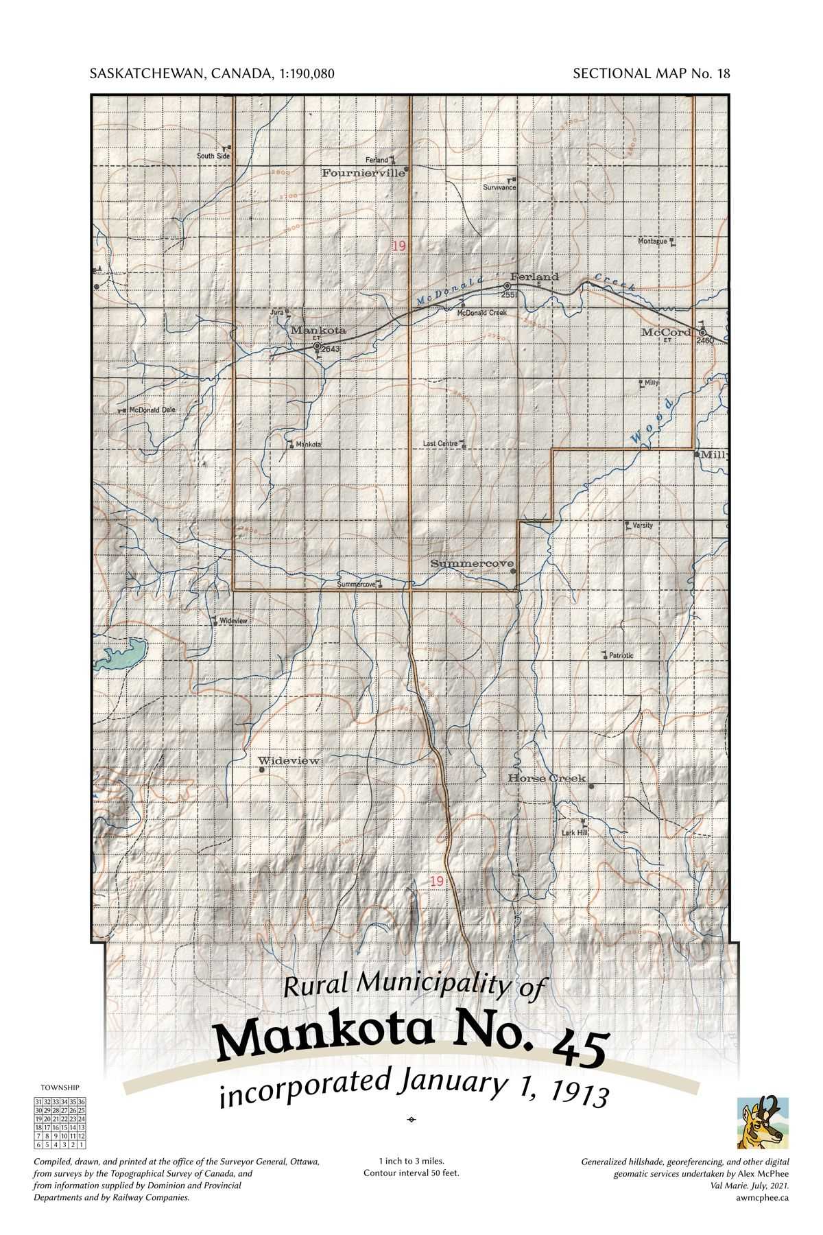 A map of the Rural Municipality of Mankota No. 45.