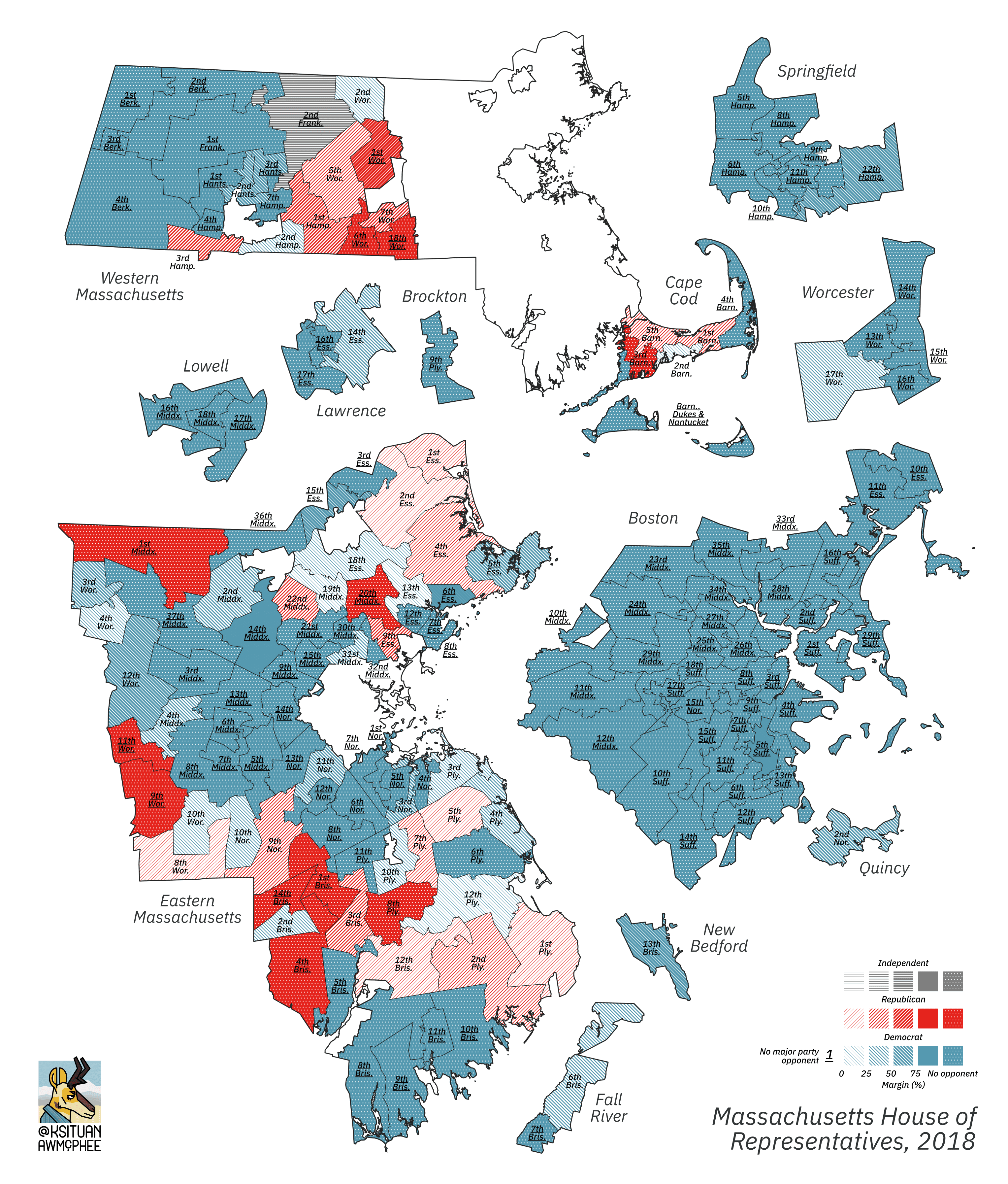 A political map of Massachusetts.
