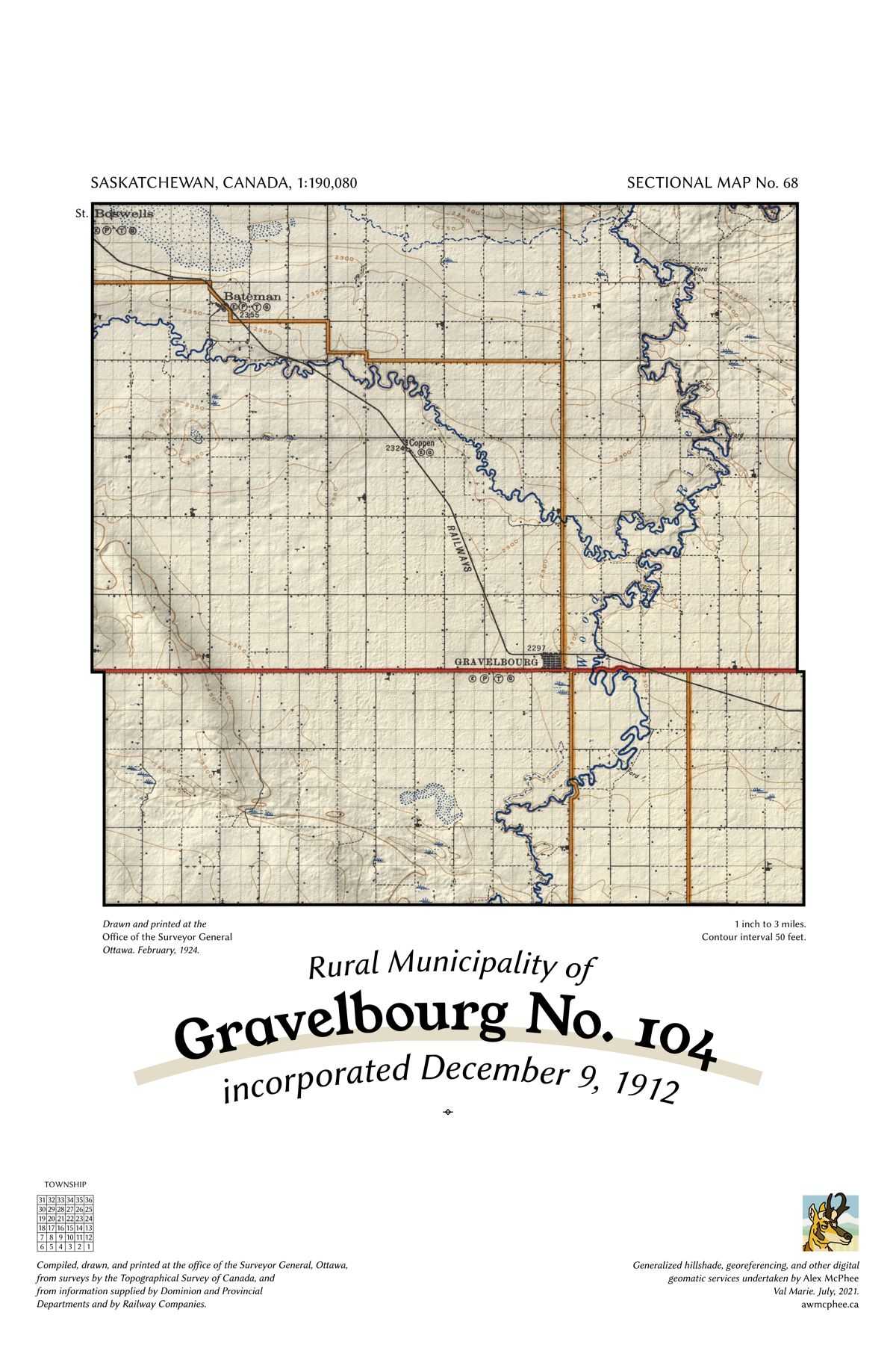 A map of the Rural Municipality of Gravelbourg No. 104.