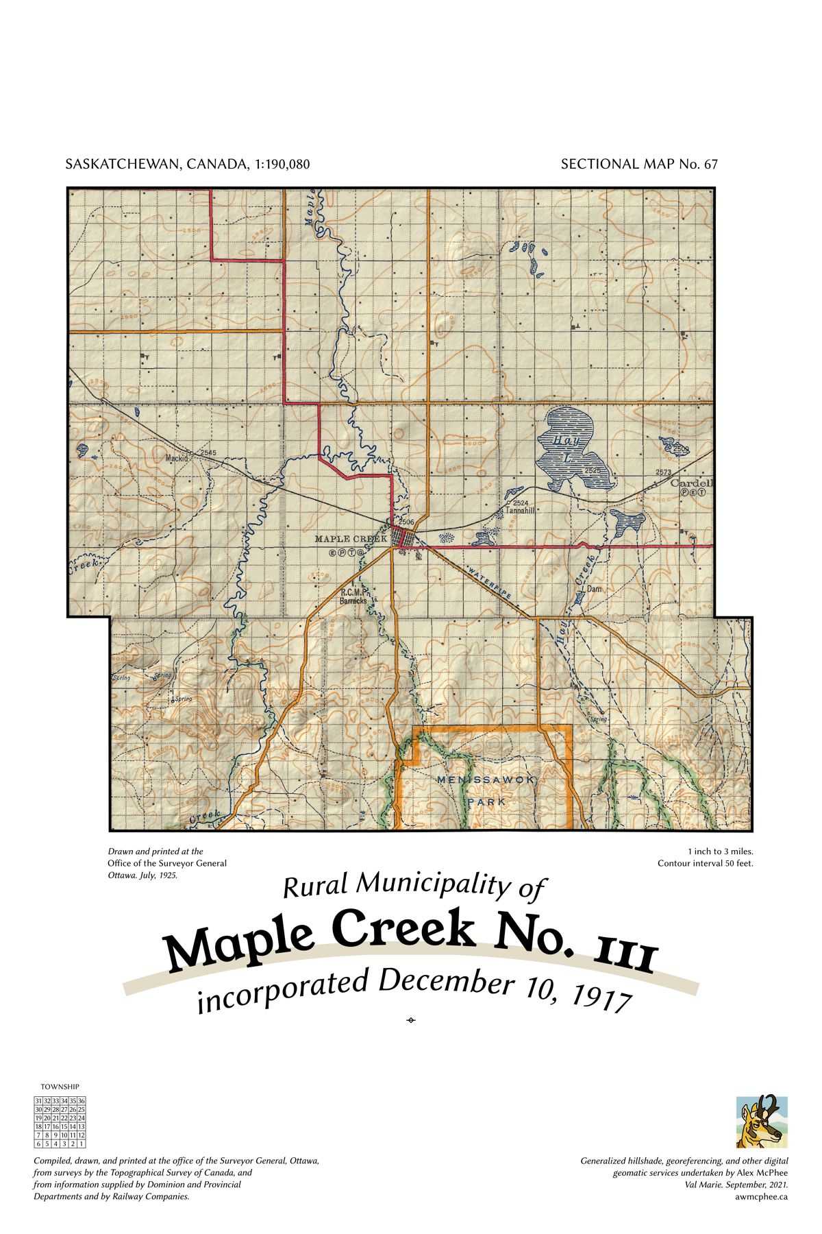 A map of the Rural Municipality of Maple Creek No. 111.