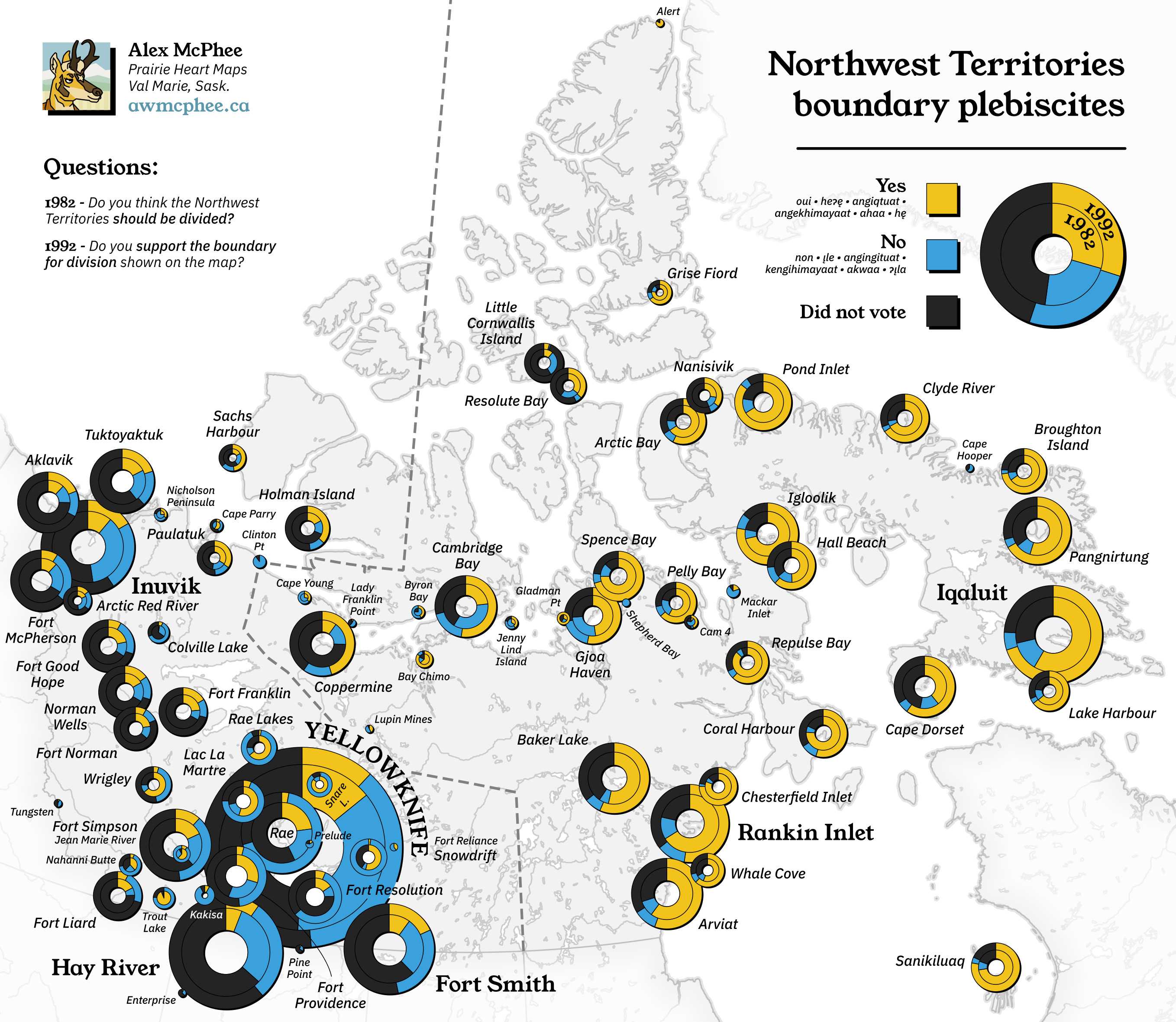 A map showing the results of the boundary plebiscites in the Northwest Territories.