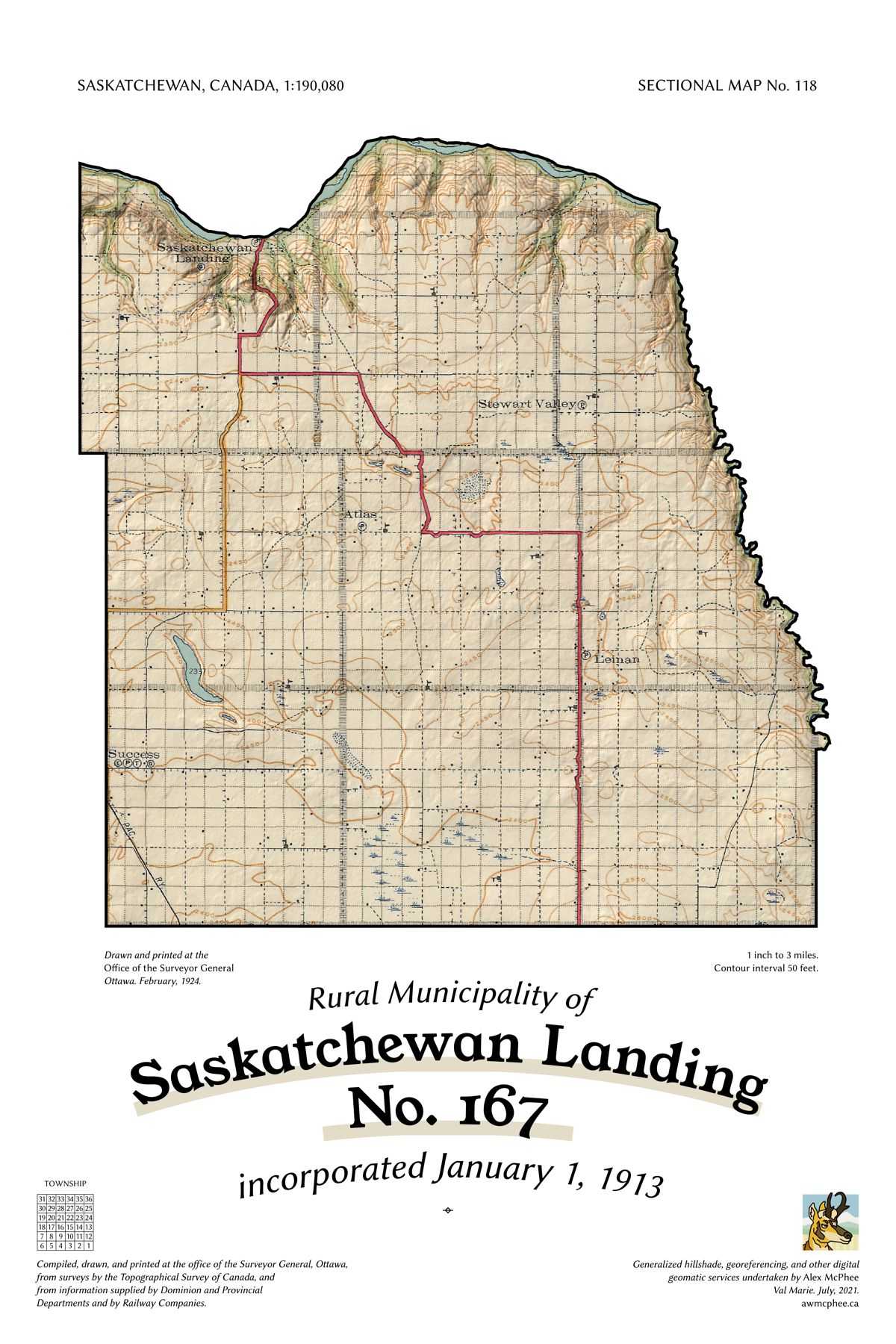 A map of the Rural Municipality of Saskatchewan Landing No. 167.