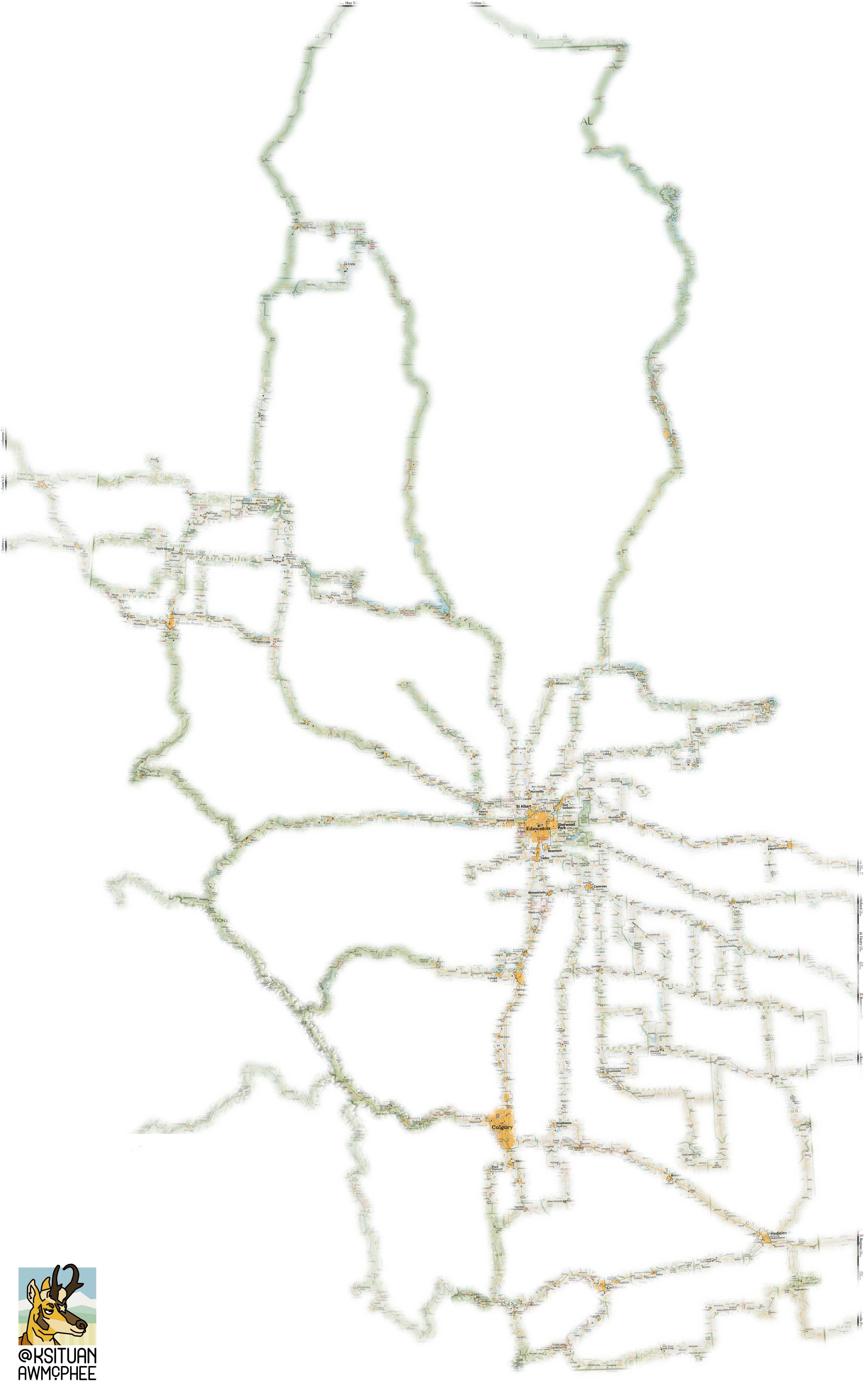 A map of roads in Alberta that Alex has personally driven.