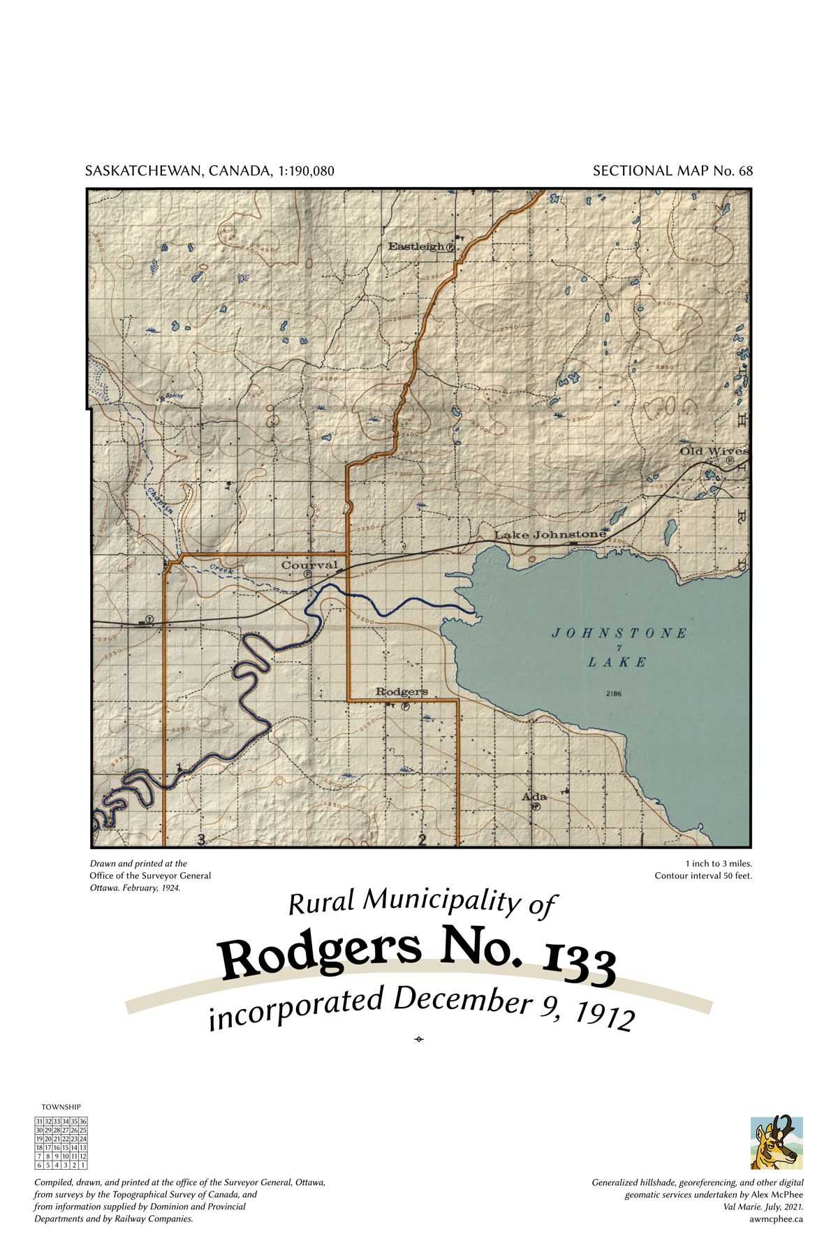 A map of the Rural Municipality of Rodgers No. 133.