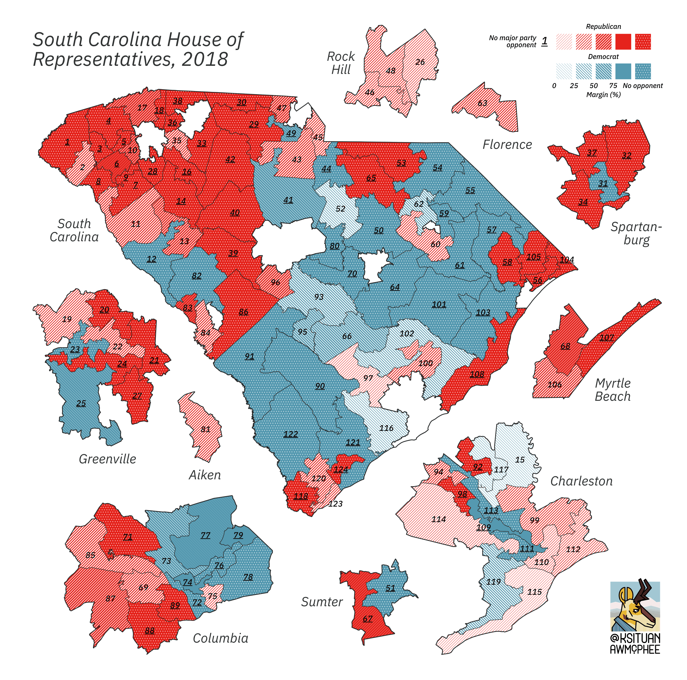 A political map of South Carolina.