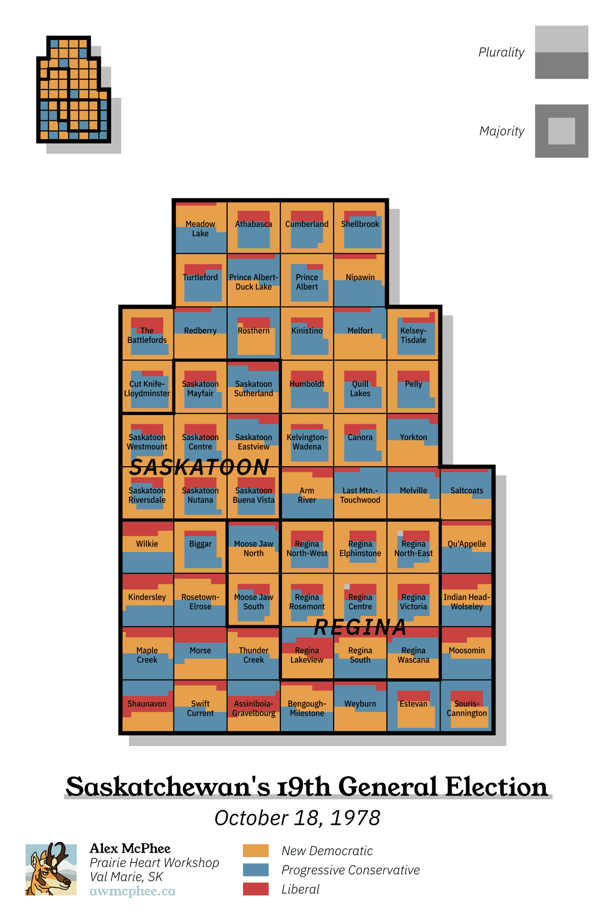 A grid cartogram depicting the results of Saskatchewan's 1978 provincial election.