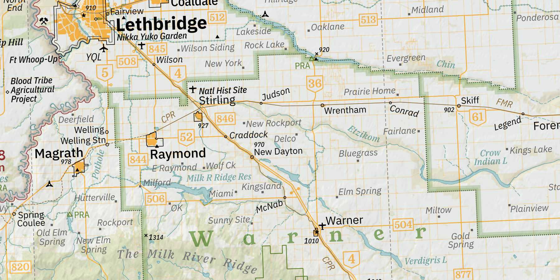 A large number of gray dots can be seen south of Lethbridge.