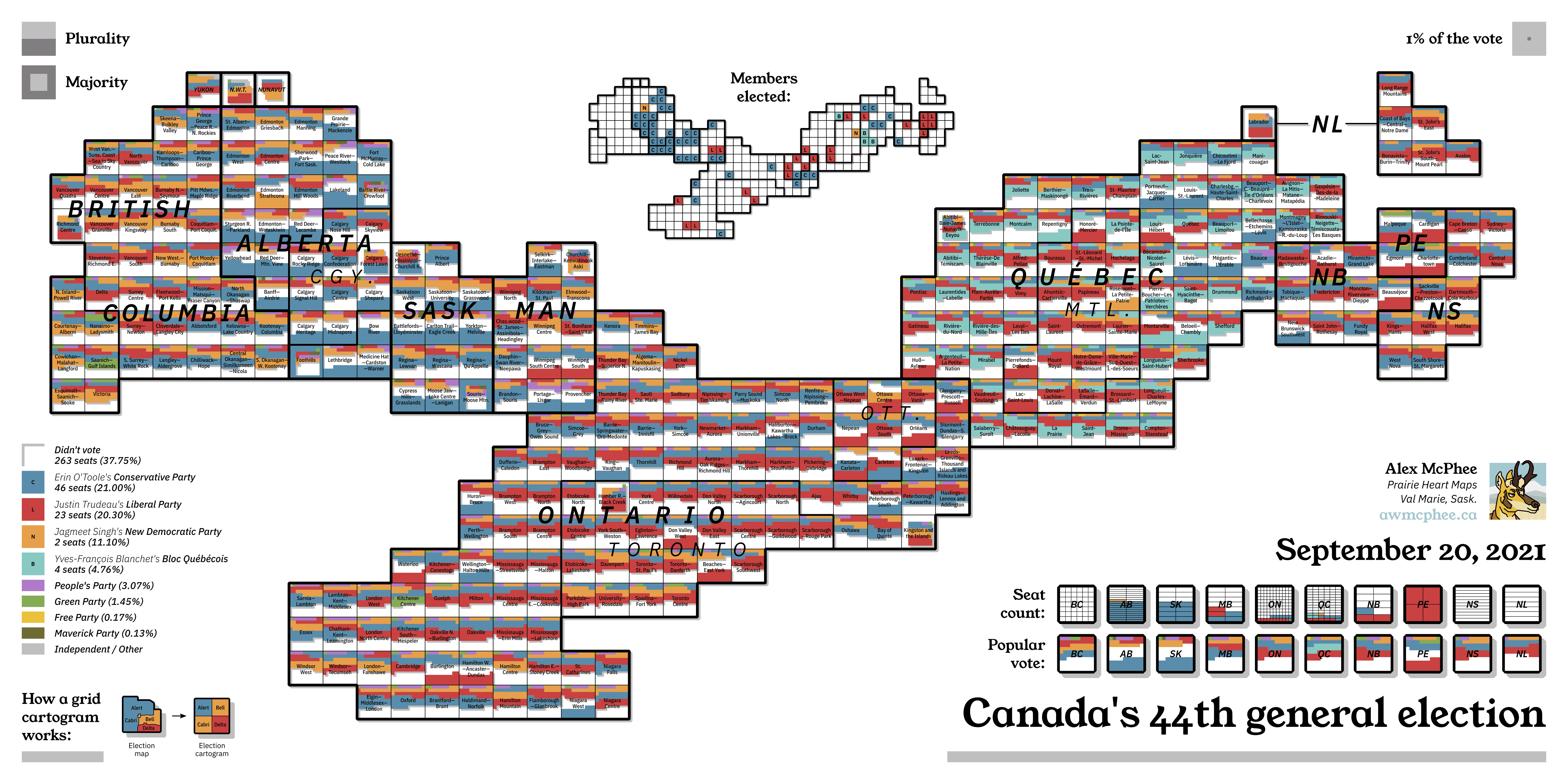A map showing Canada's 2021 election, if people who didn't vote were counted as a political party.