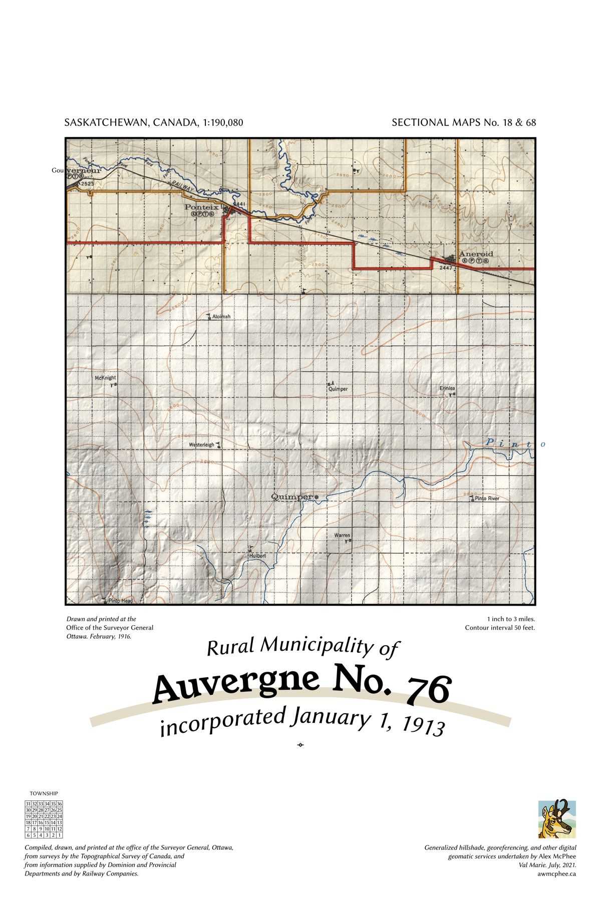 A map of the Rural Municipality of Auvergne No. 76.