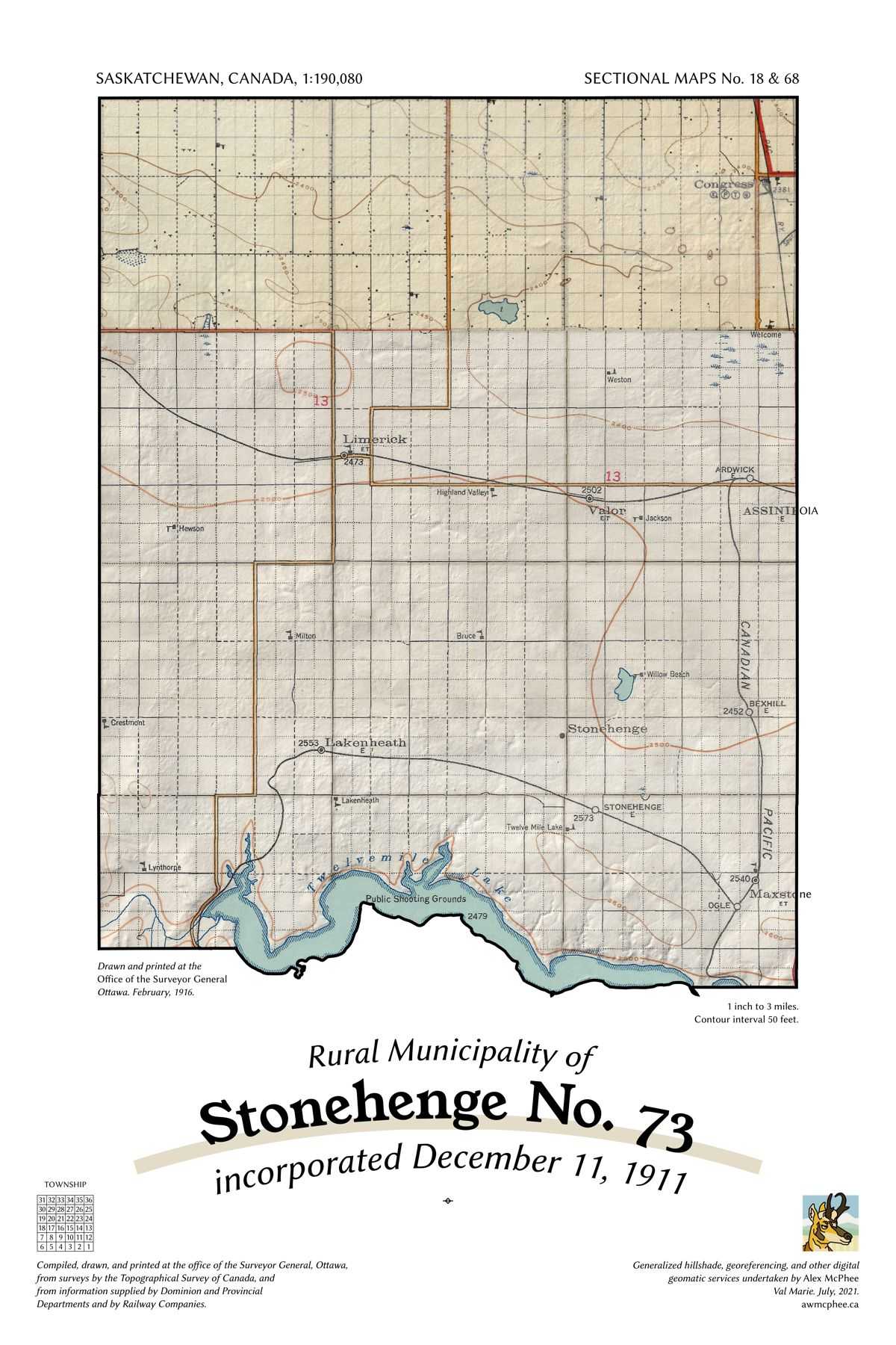 A map of the Rural Municipality of Stonehenge No. 73.