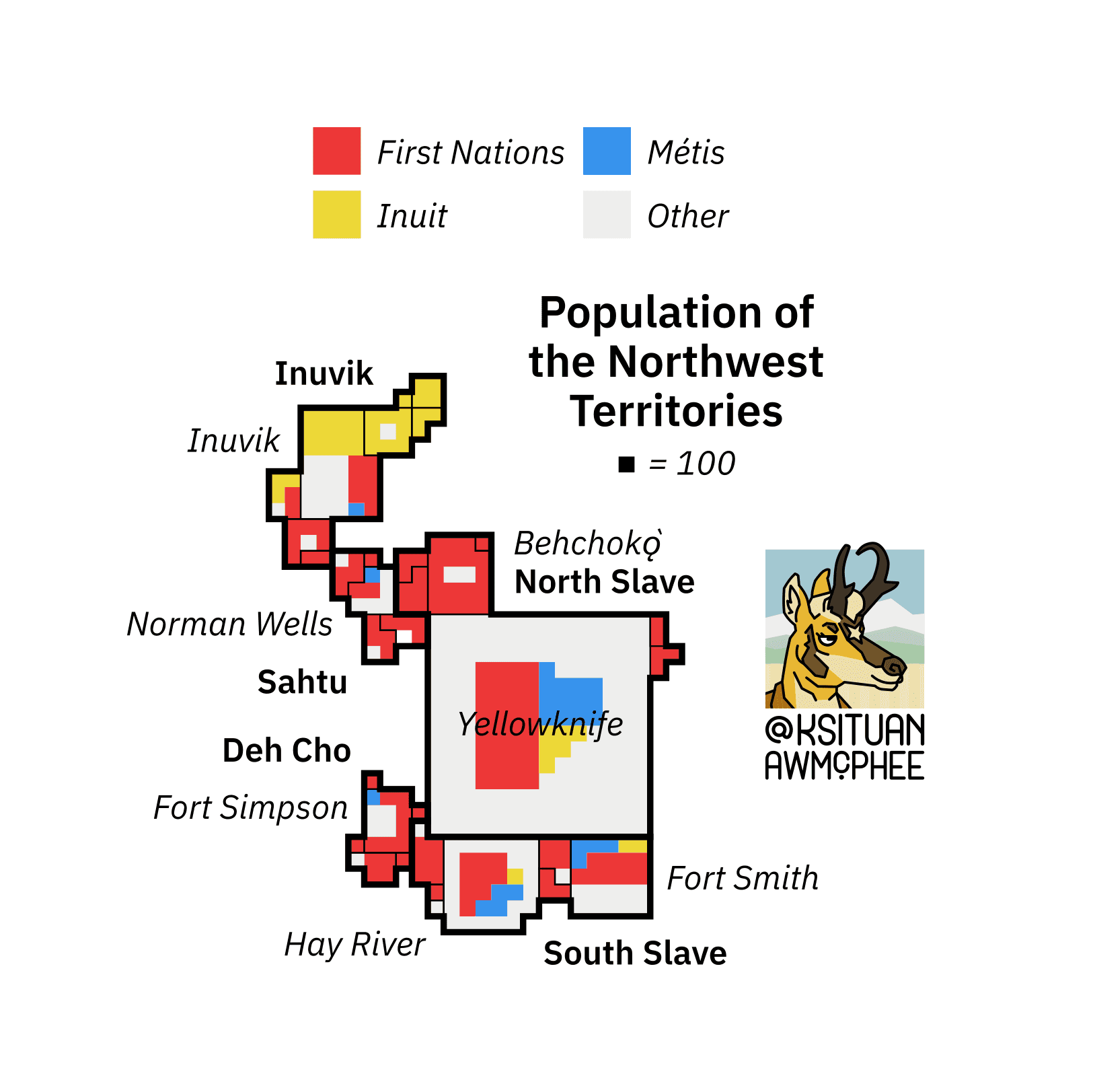 A cartogram of white and Indigenous population in the Northwest Territories.