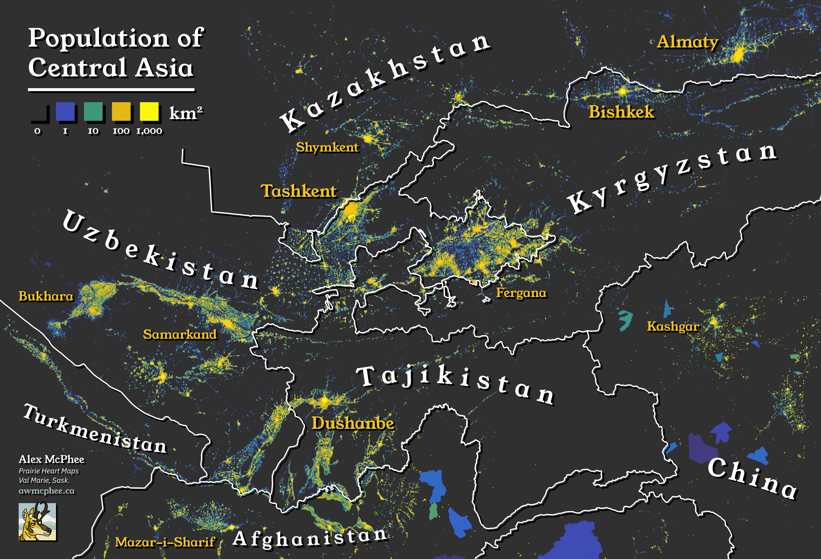 A map showing the population density and borders of Central Asia.