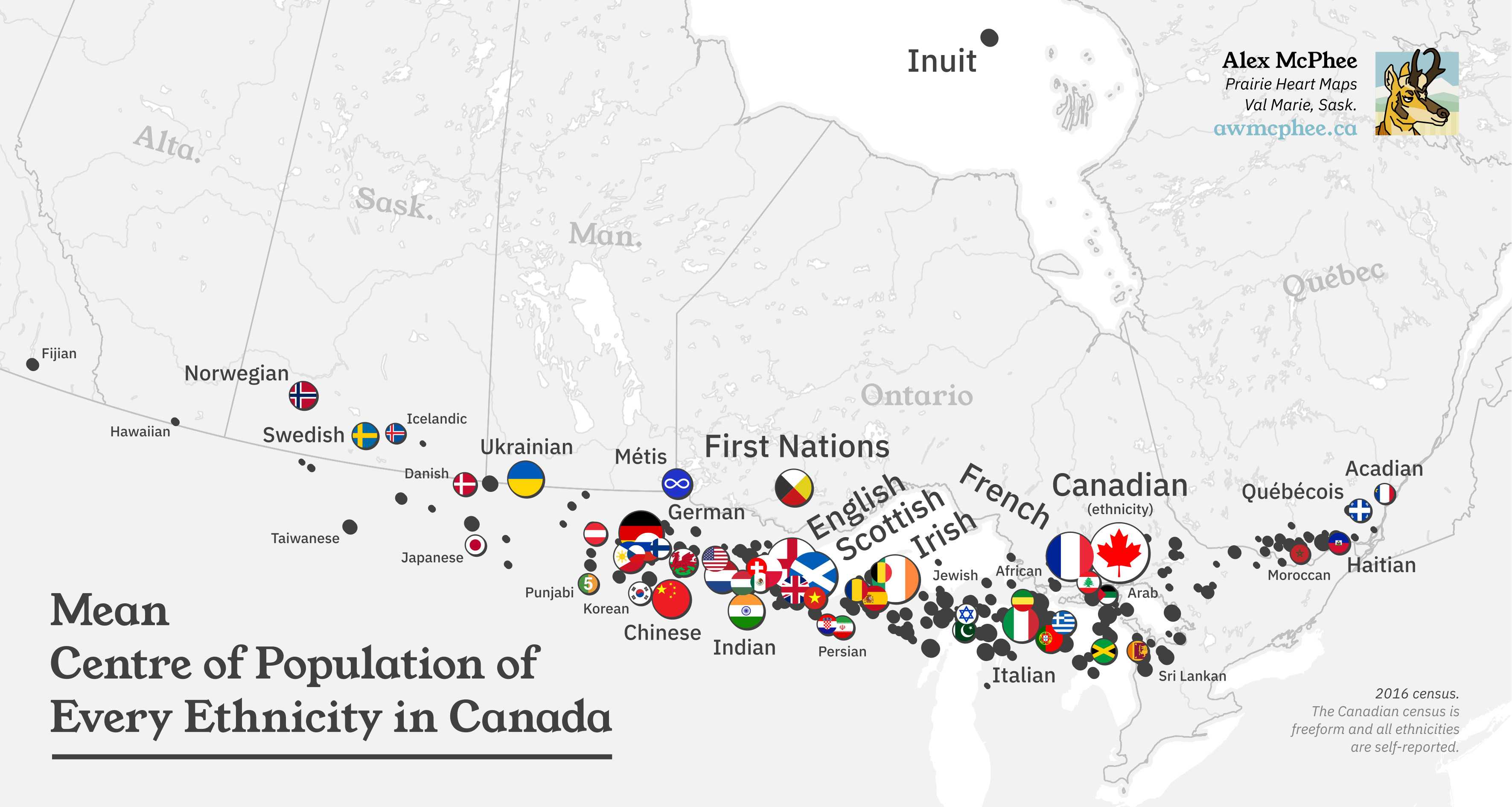 A map of the centres of population for every census ethnicity in Canada.