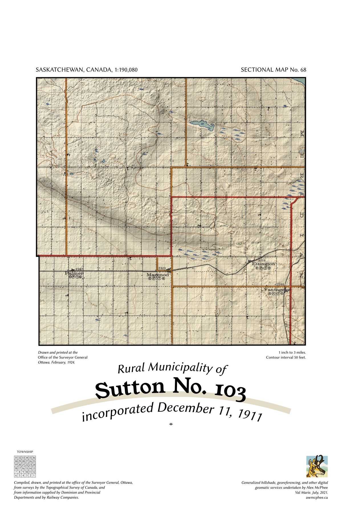A map of the Rural Municipality of Sutton No. 103.