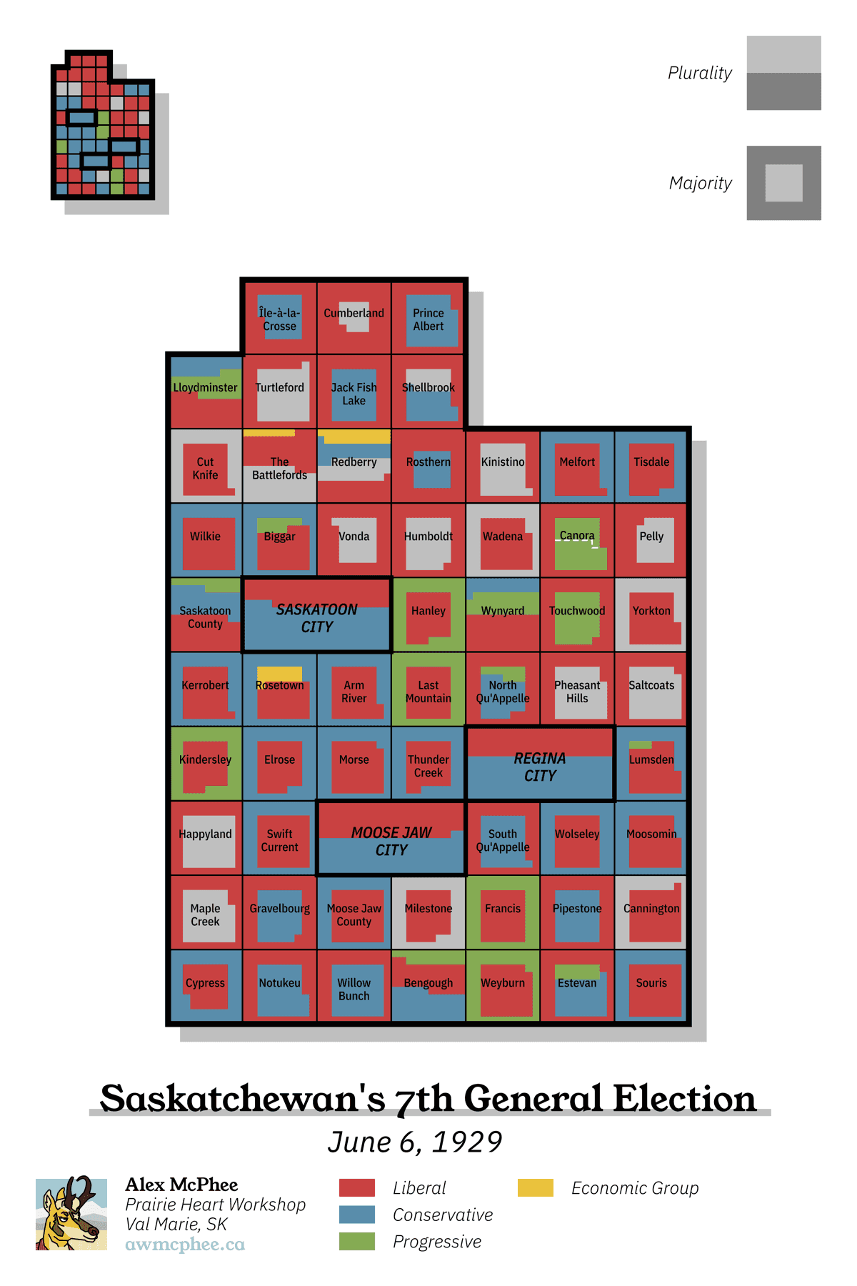 A grid cartogram depicting the results of Saskatchewan's 1929 provincial election.