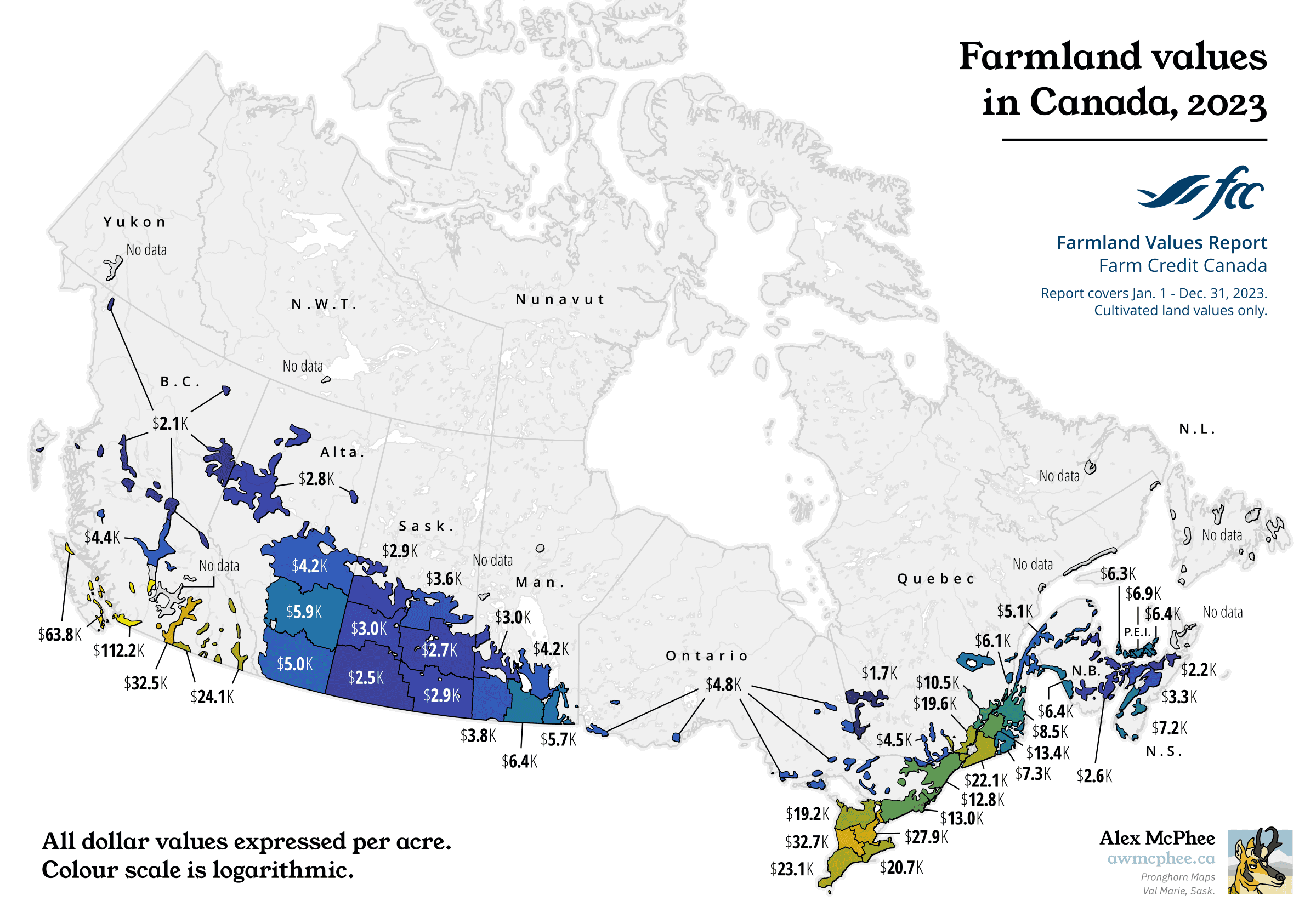 A map of 2023 farmland values in Canada.