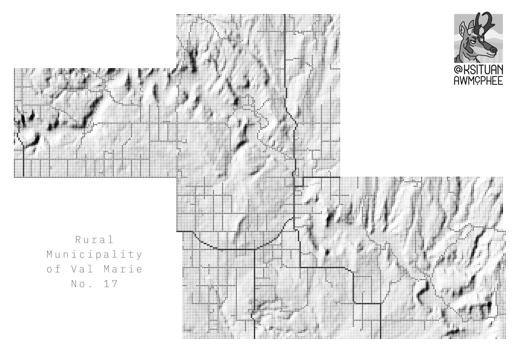 A dot-matrix style map of Val Marie and its surroundings.
