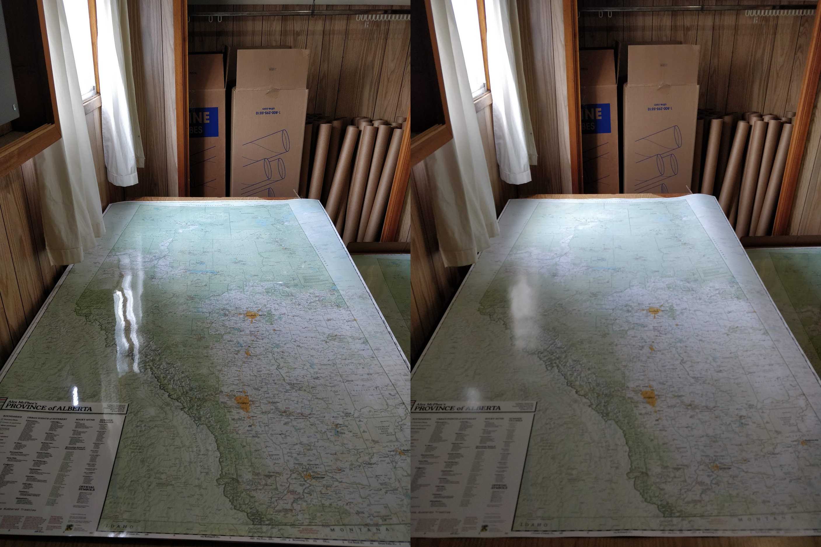Comparison between a laminated and unlaminated copy of the map.
