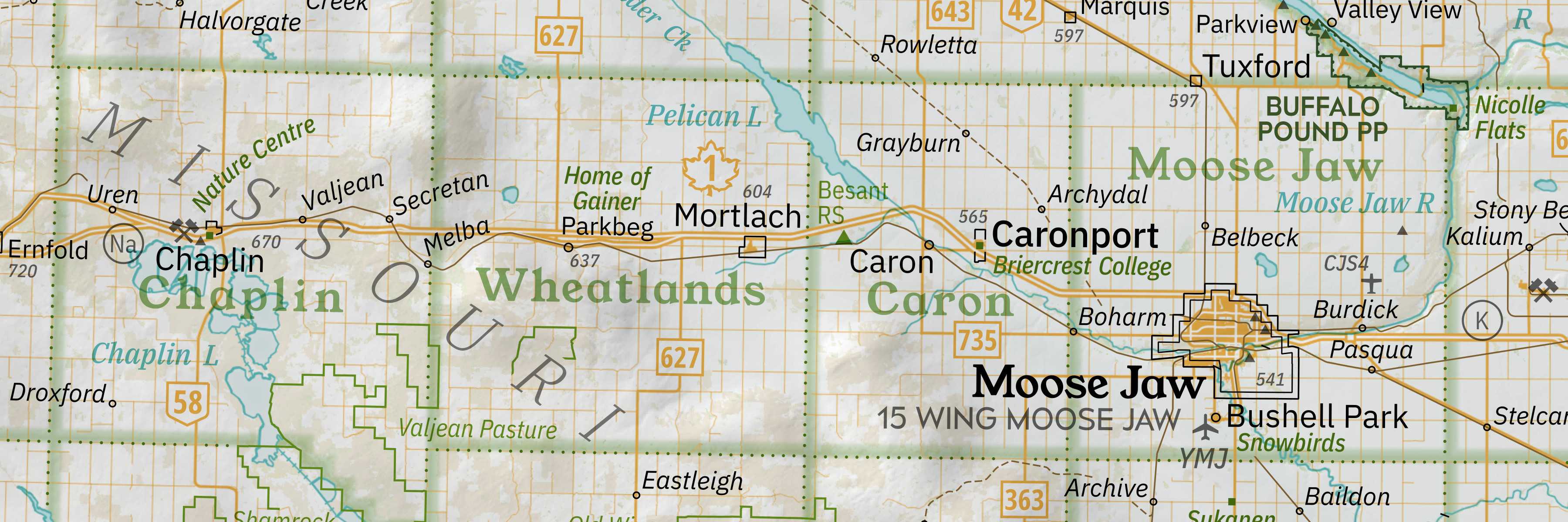 An excerpt of the wall map showing Moose Jaw and the Missouri Coteau.