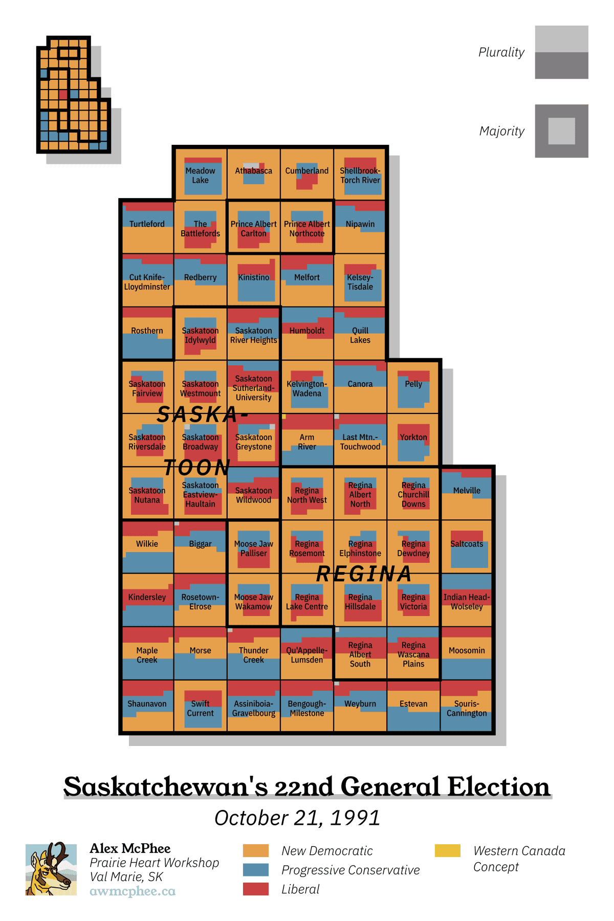 A grid cartogram depicting the results of Saskatchewan's 1991 provincial election.