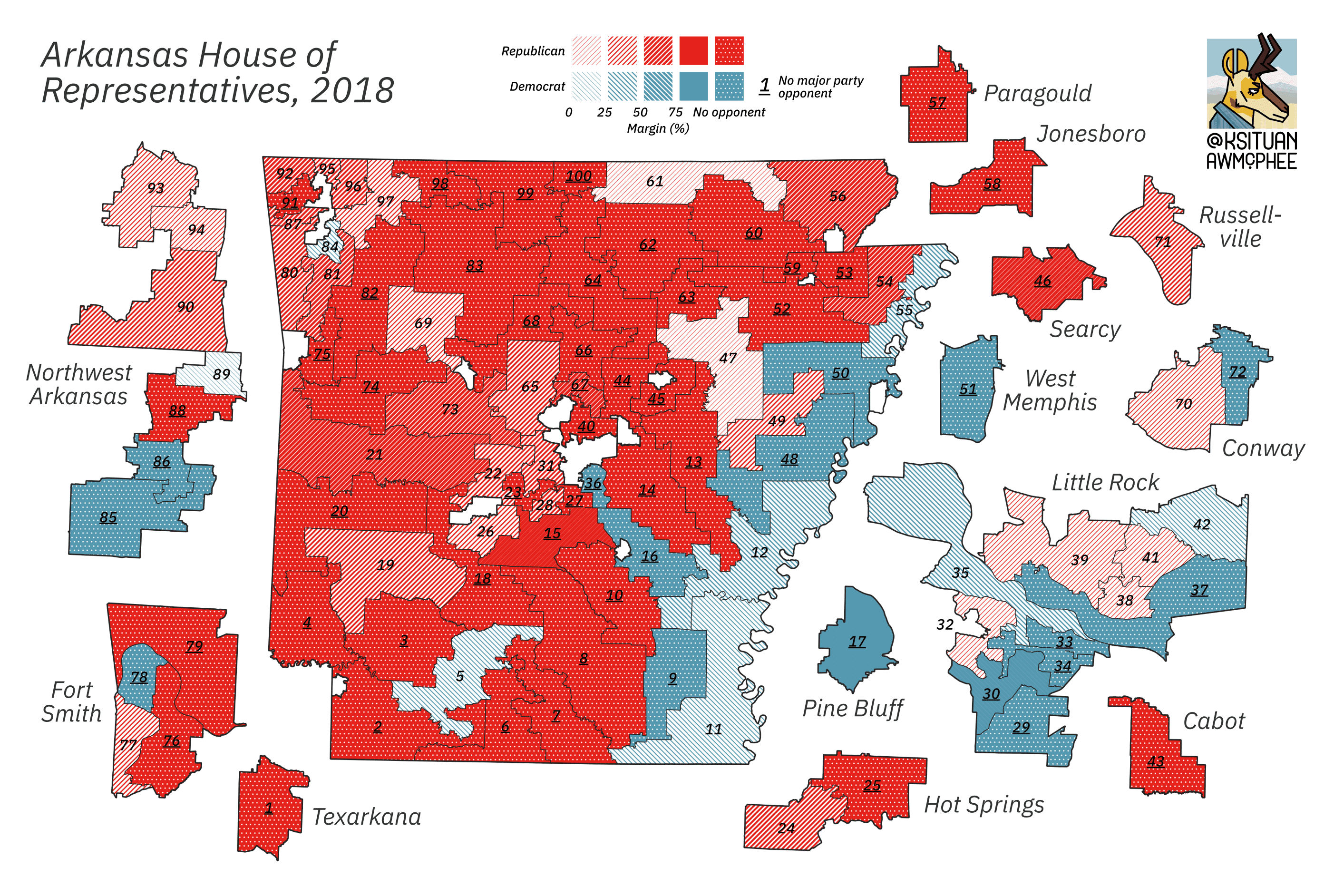 A political map of Arkansas.