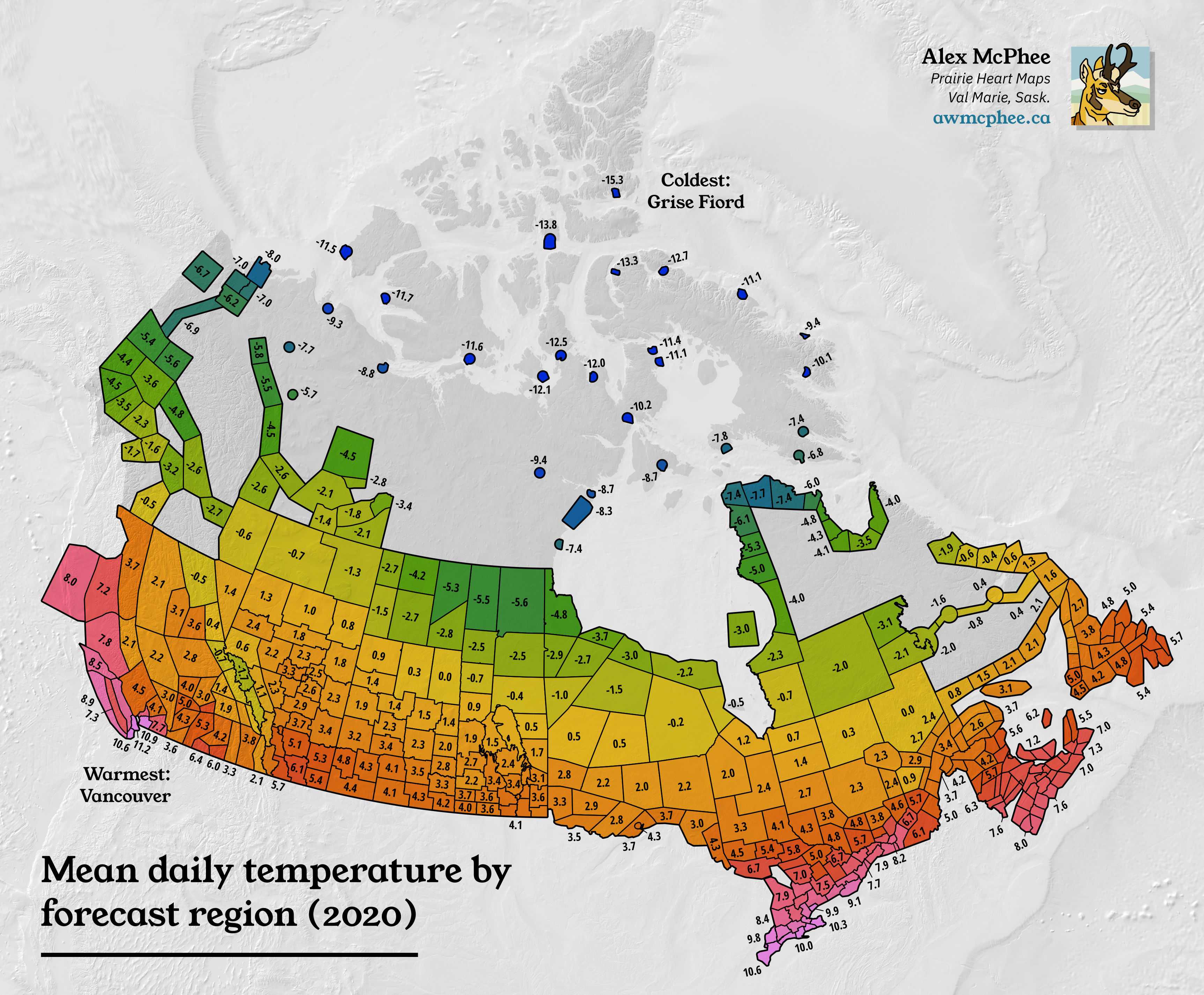 A map showing annual temperature in Canada.