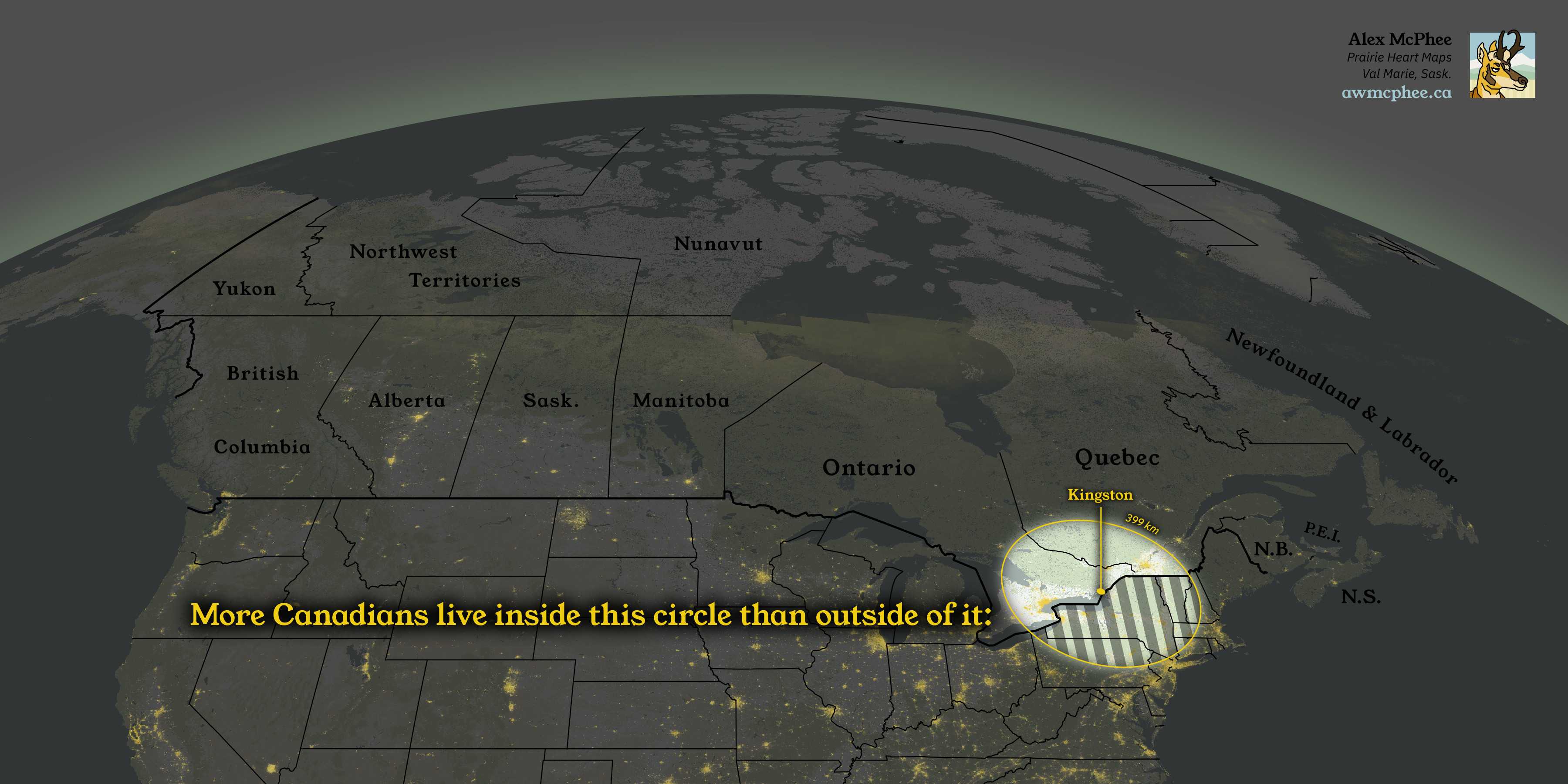 A map showing the smallest circle that encloses 50% of Canada's population.