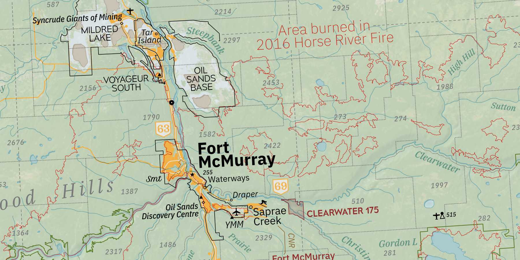 A red boundary is drawn in the hills around Fort McMurray.